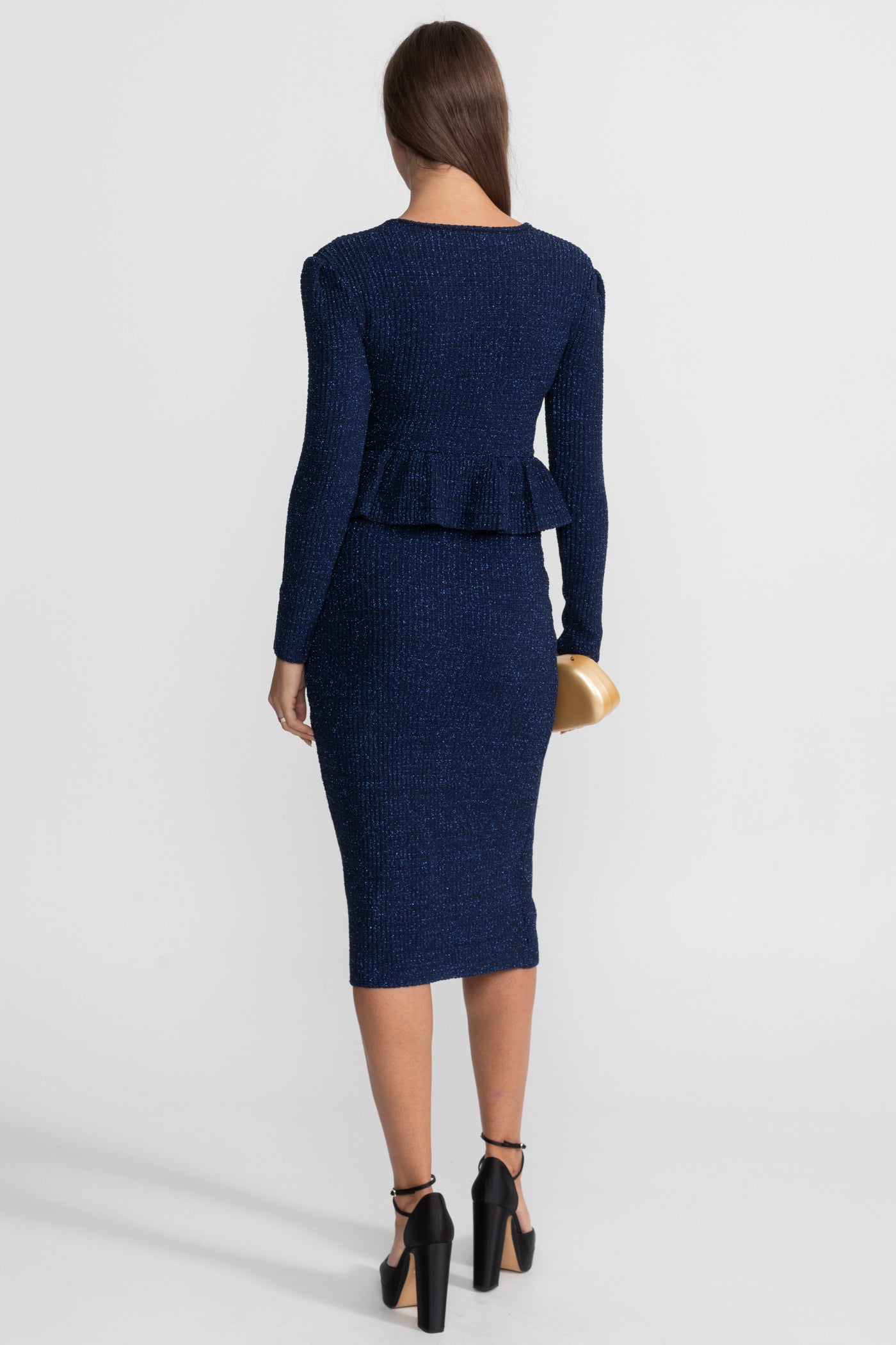 Robe en maille texturée avec taille peplum et boutons dorés - Bleu foncé