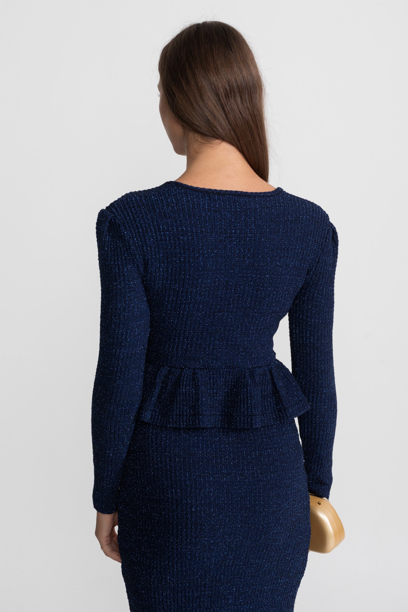 Robe en maille texturée avec taille peplum et boutons dorés - Bleu foncé
