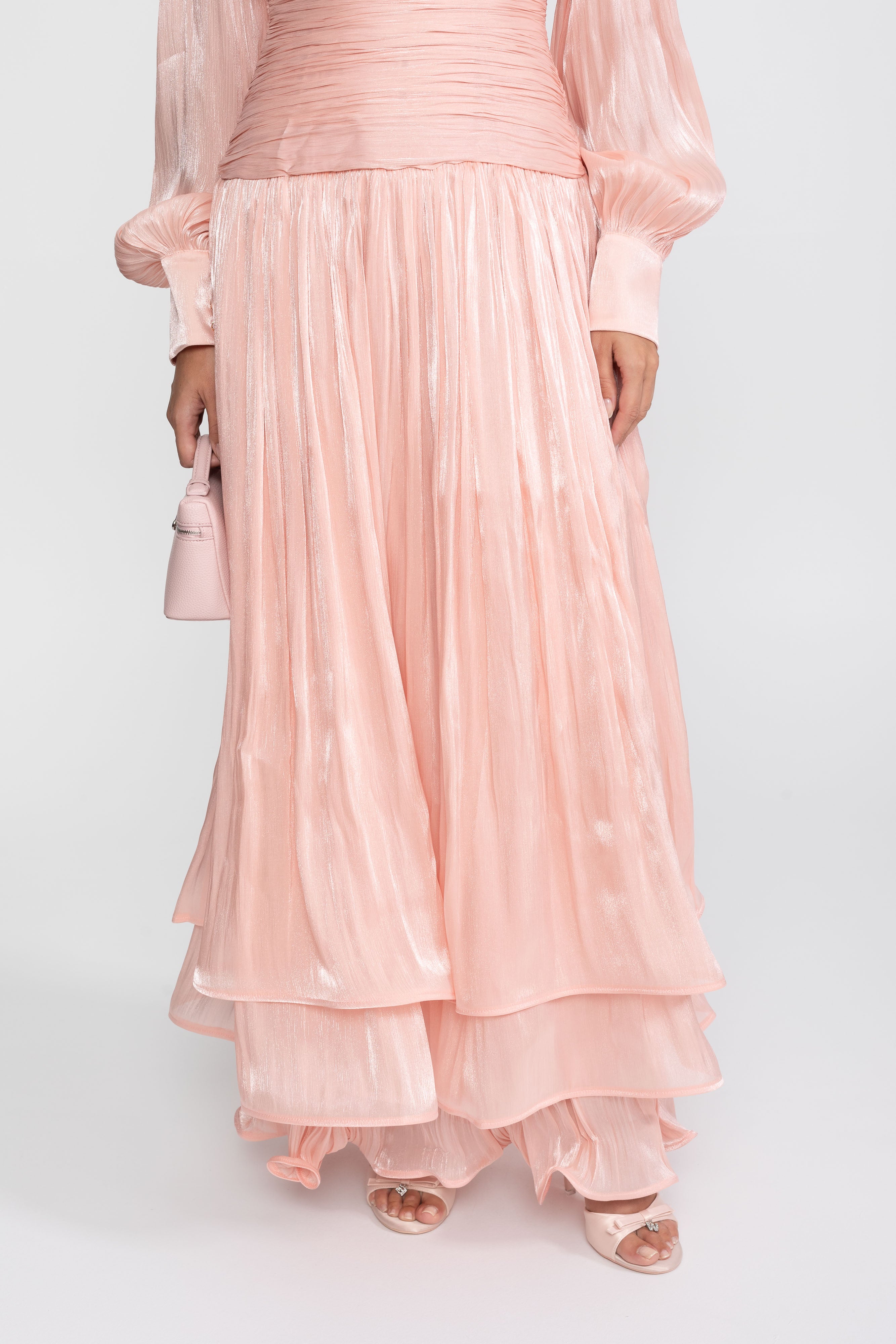 Balloon-Sleeve Tiered Maxi Dress With Jeweled Rose Buttons - Peach