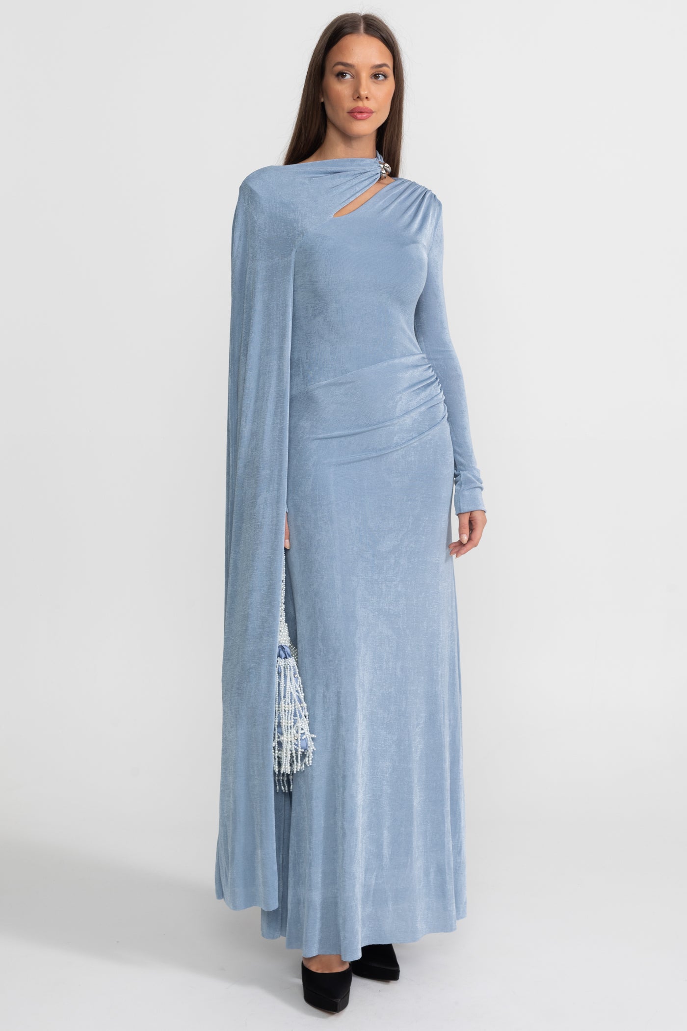 Robe Drapée Élégante Avec Découpe Asymétrique – Bleu