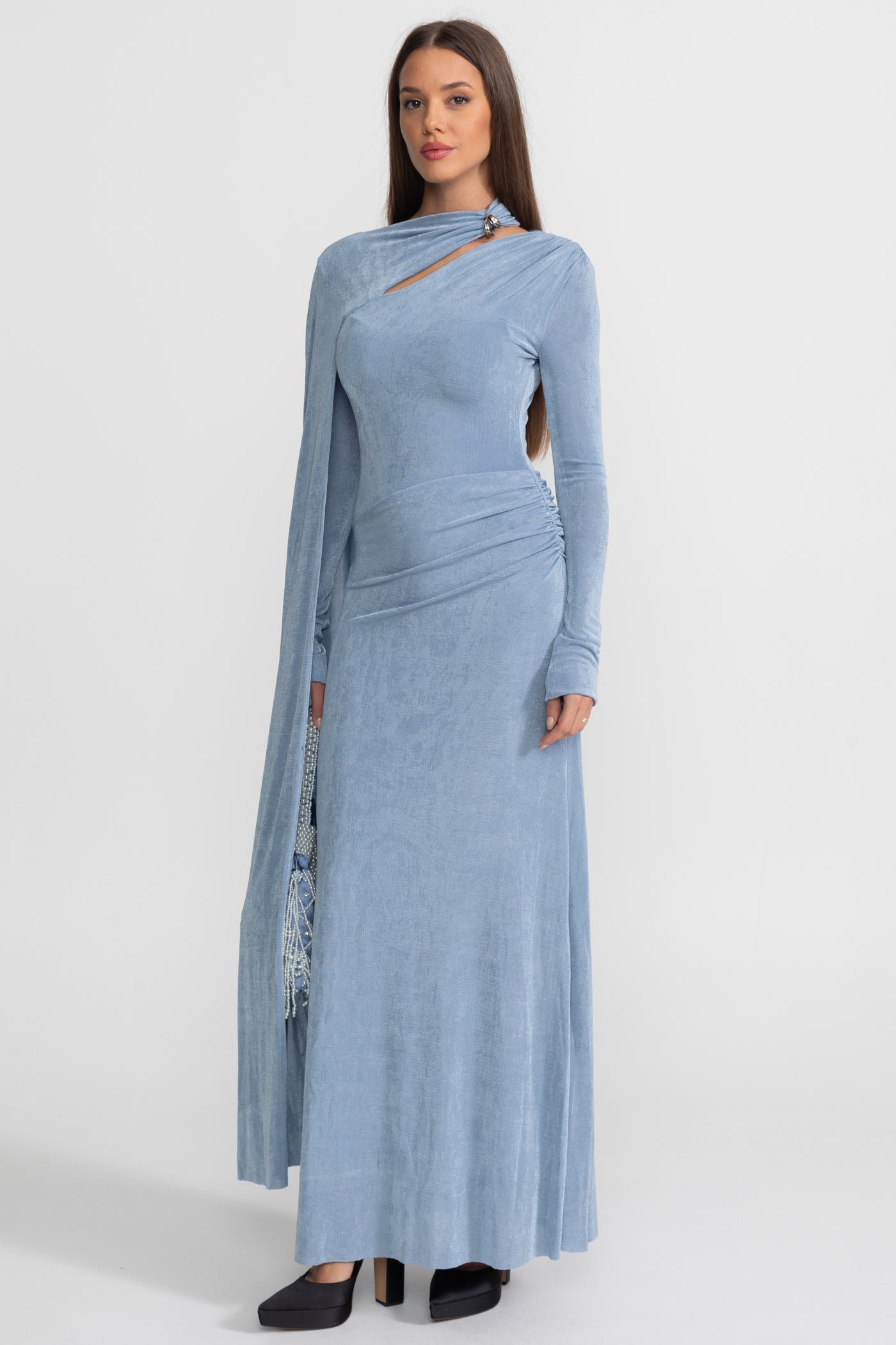 Robe Drapée Élégante Avec Découpe Asymétrique – Bleu