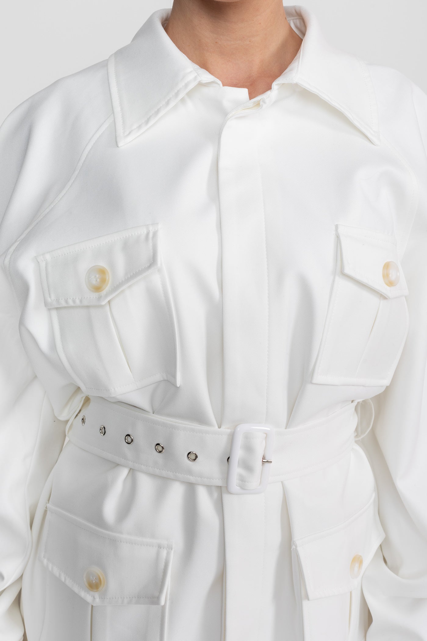 Veste Trench-Coat Ceinturée Avec Poches Plaquées Oversize - Blanc