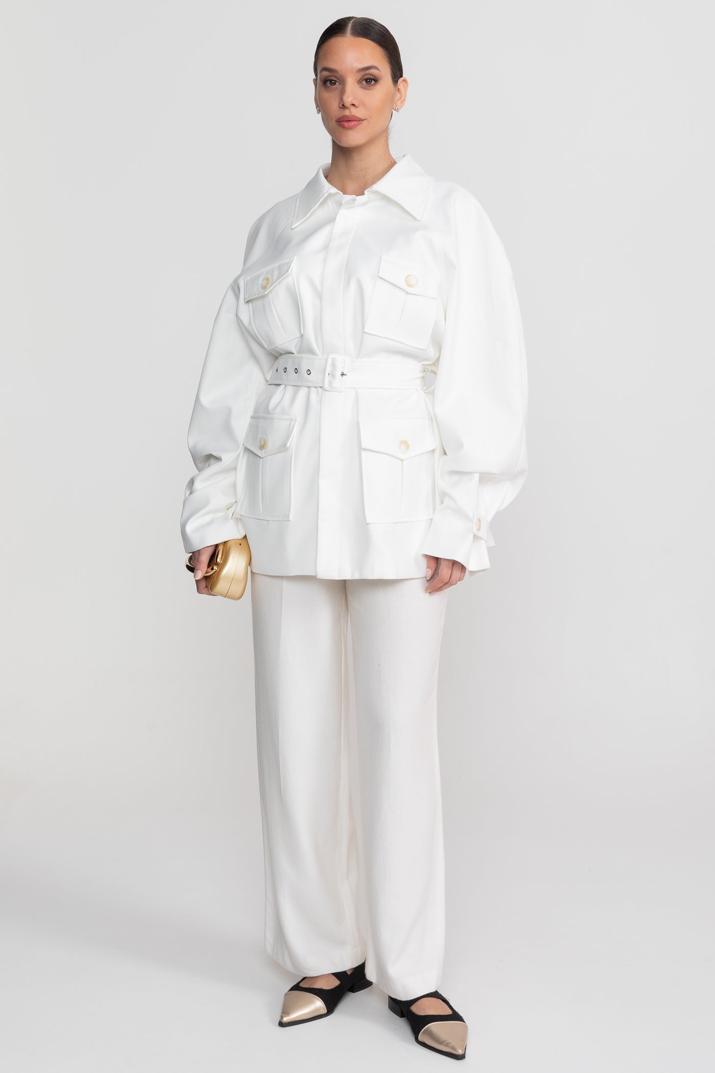Veste Trench-Coat Ceinturée Avec Poches Plaquées Oversize - Blanc