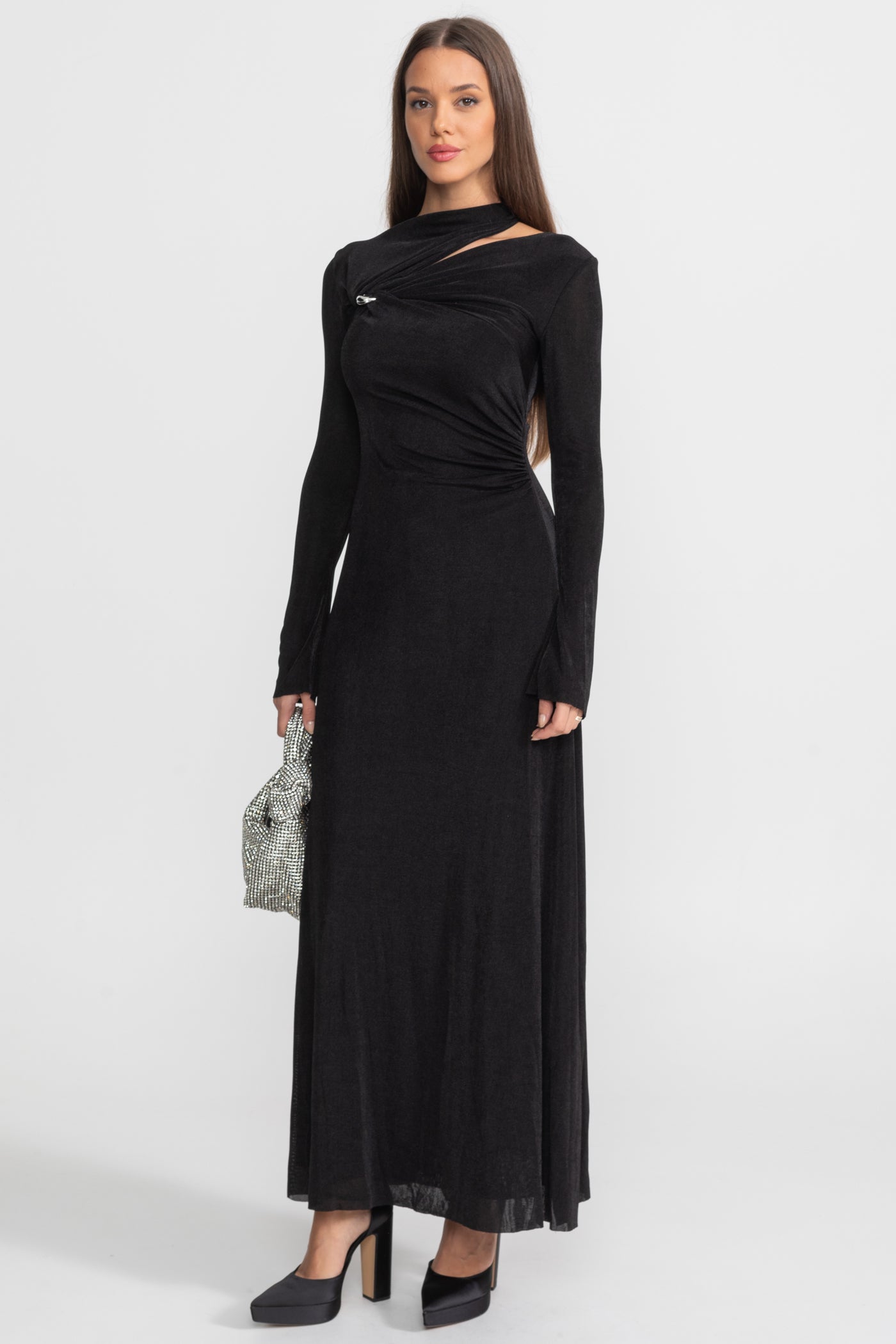 Robe Maxi Drapée avec Découpe et Détail Élégant - Noir