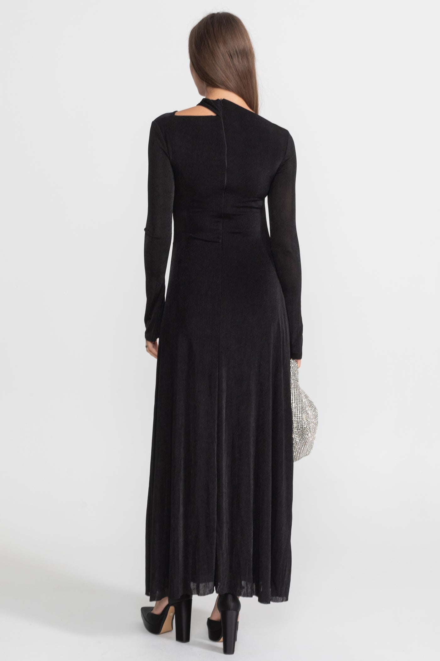 Robe Maxi Drapée avec Découpe et Détail Élégant - Noir