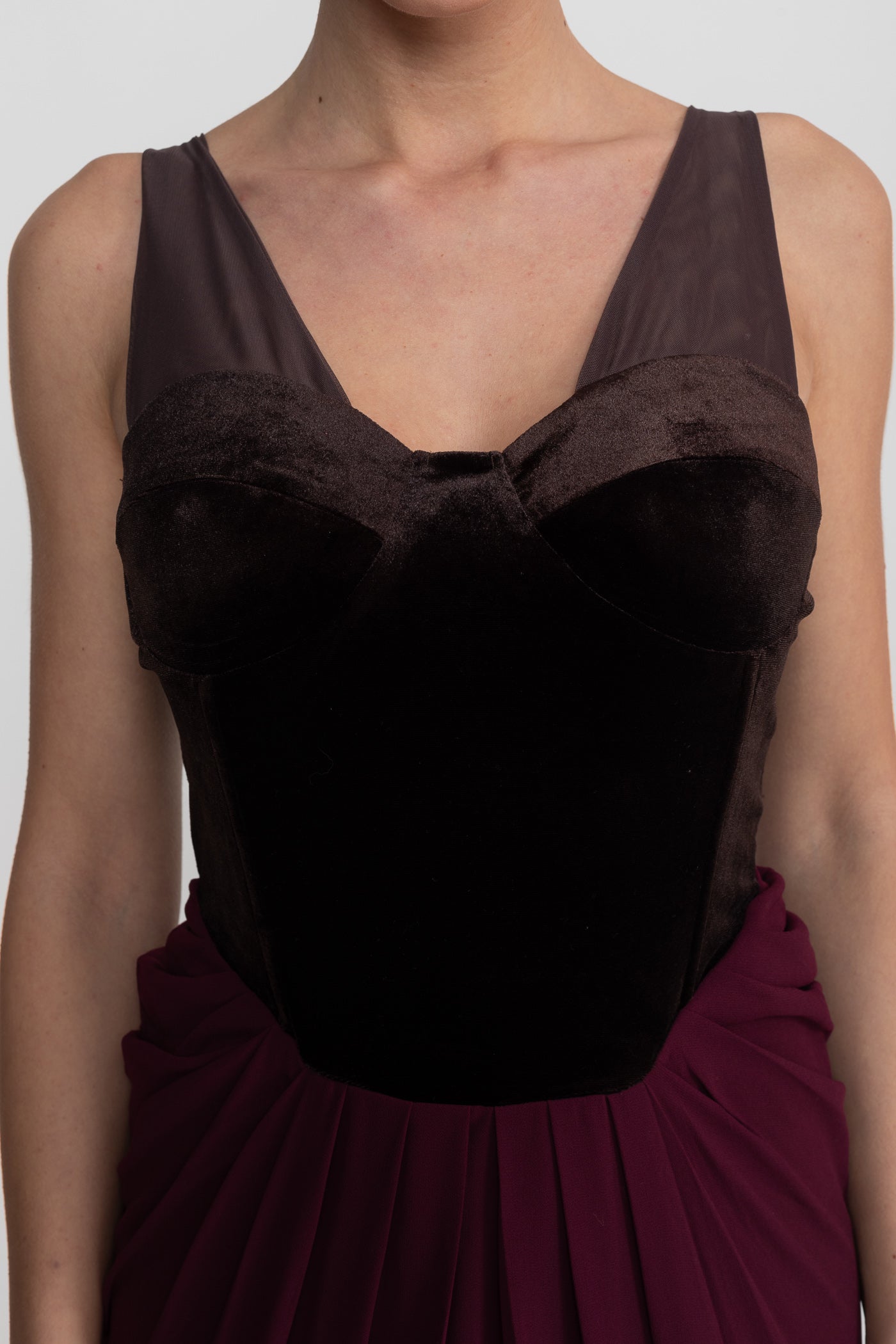 Robe Maxi avec Corset en Velours et Jupe Flottante - Bourgogne