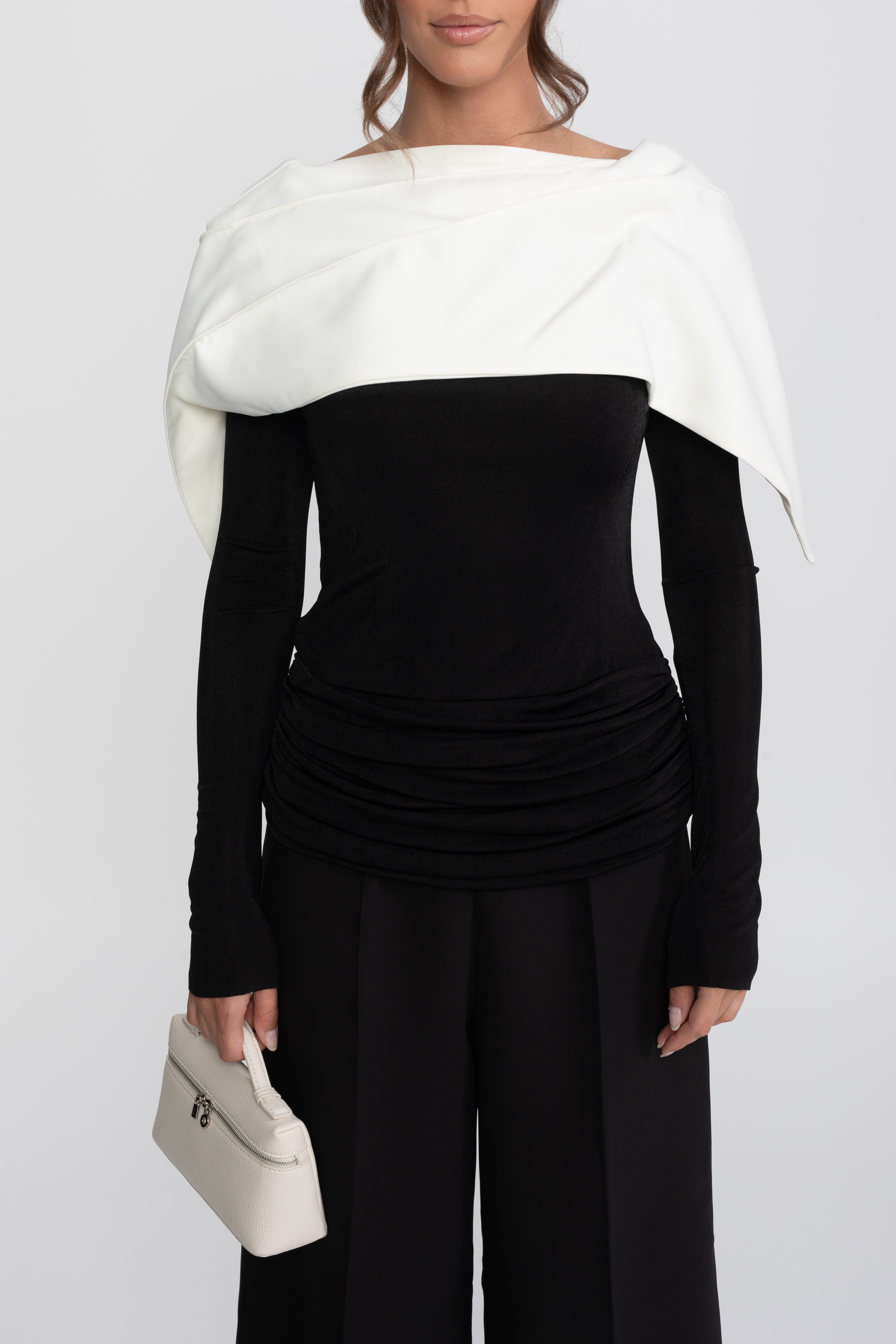 Top portefeuille froncé avec cape contrastante et ensemble pantalon - Noir