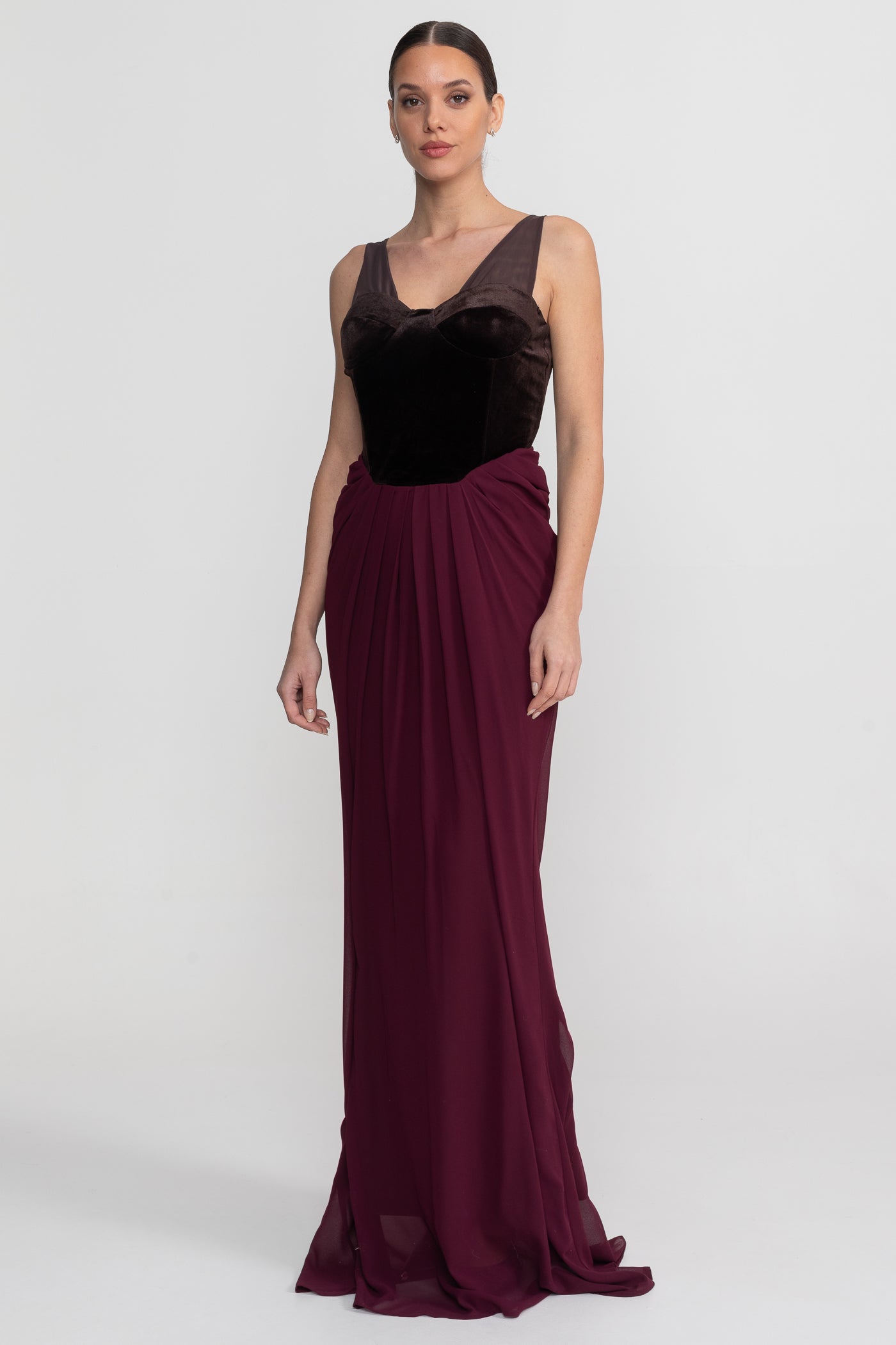 Robe Maxi avec Corset en Velours et Jupe Flottante - Bourgogne
