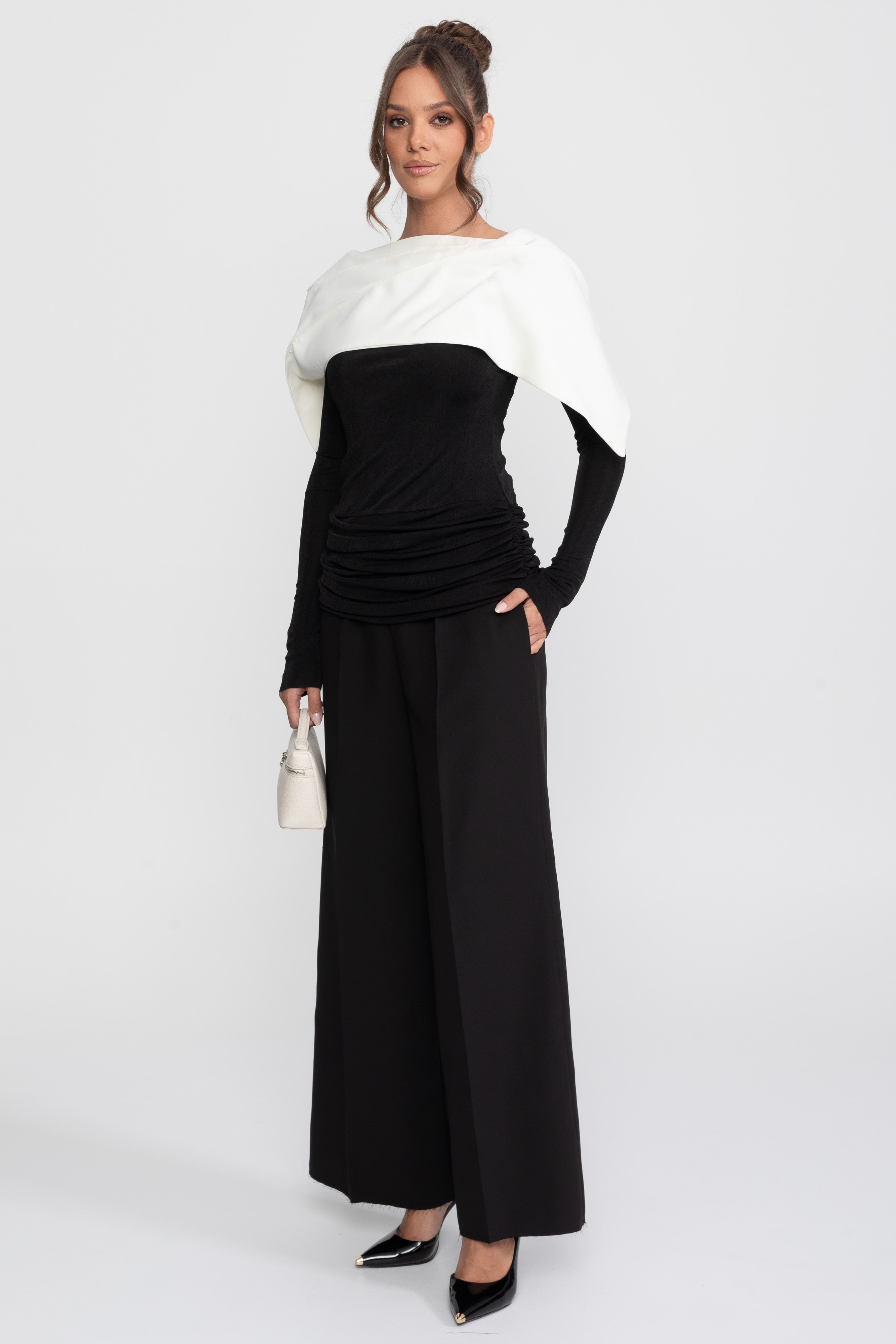 Top portefeuille froncé avec cape contrastante et ensemble pantalon - Noir