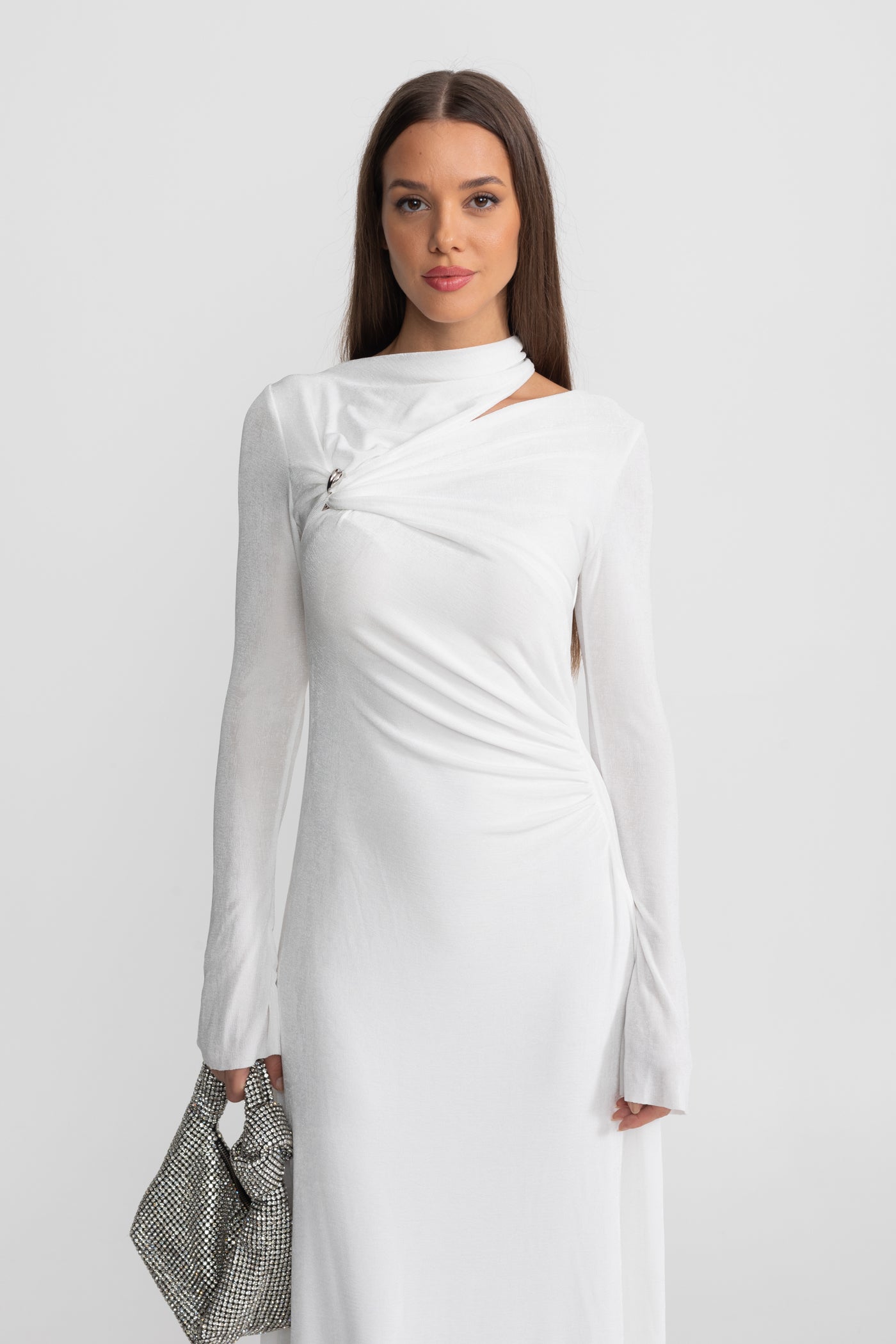 Robe Maxi Drapée avec Découpe et Détail Élégant - Blanc