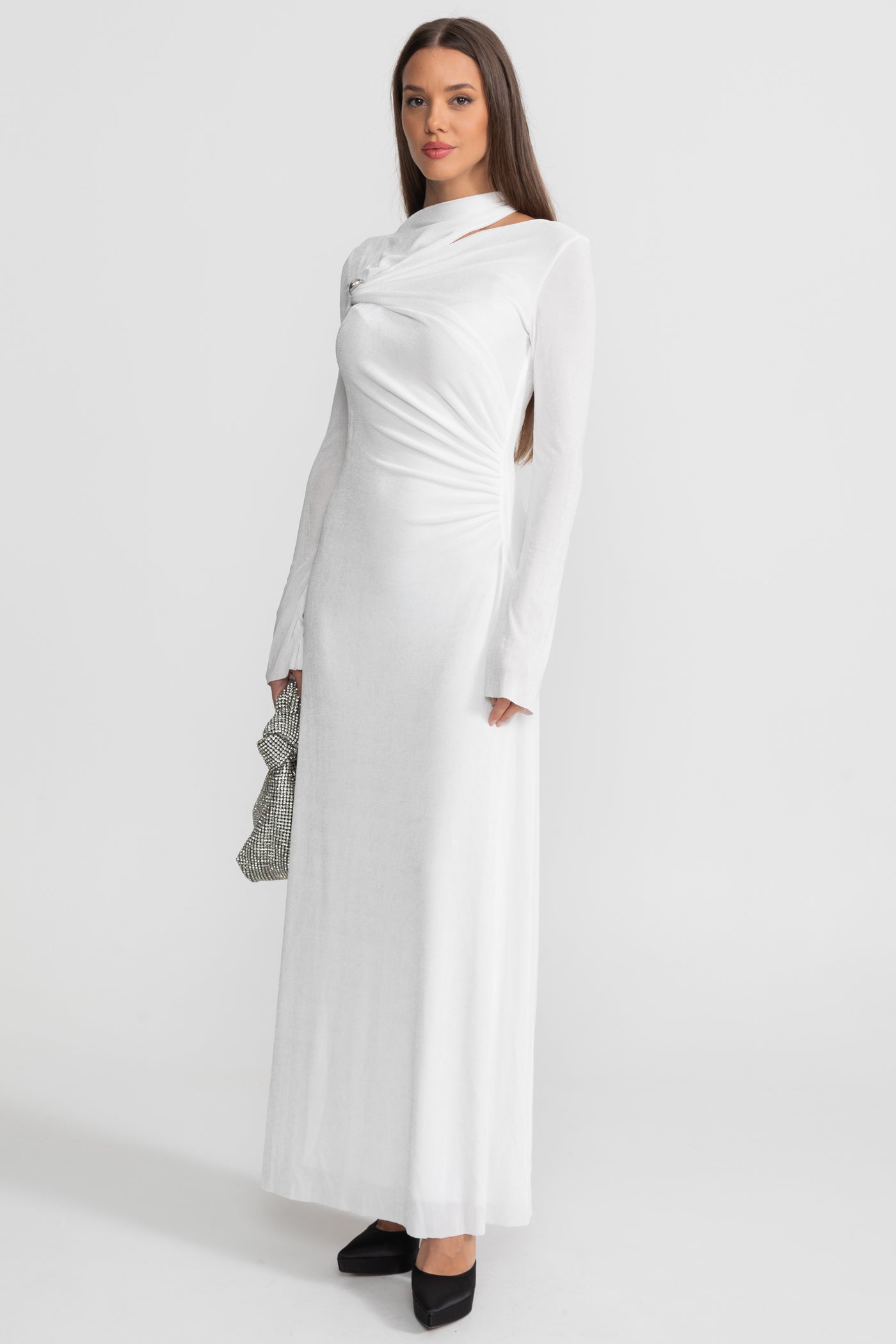 Robe Maxi Drapée avec Découpe et Détail Élégant - Blanc