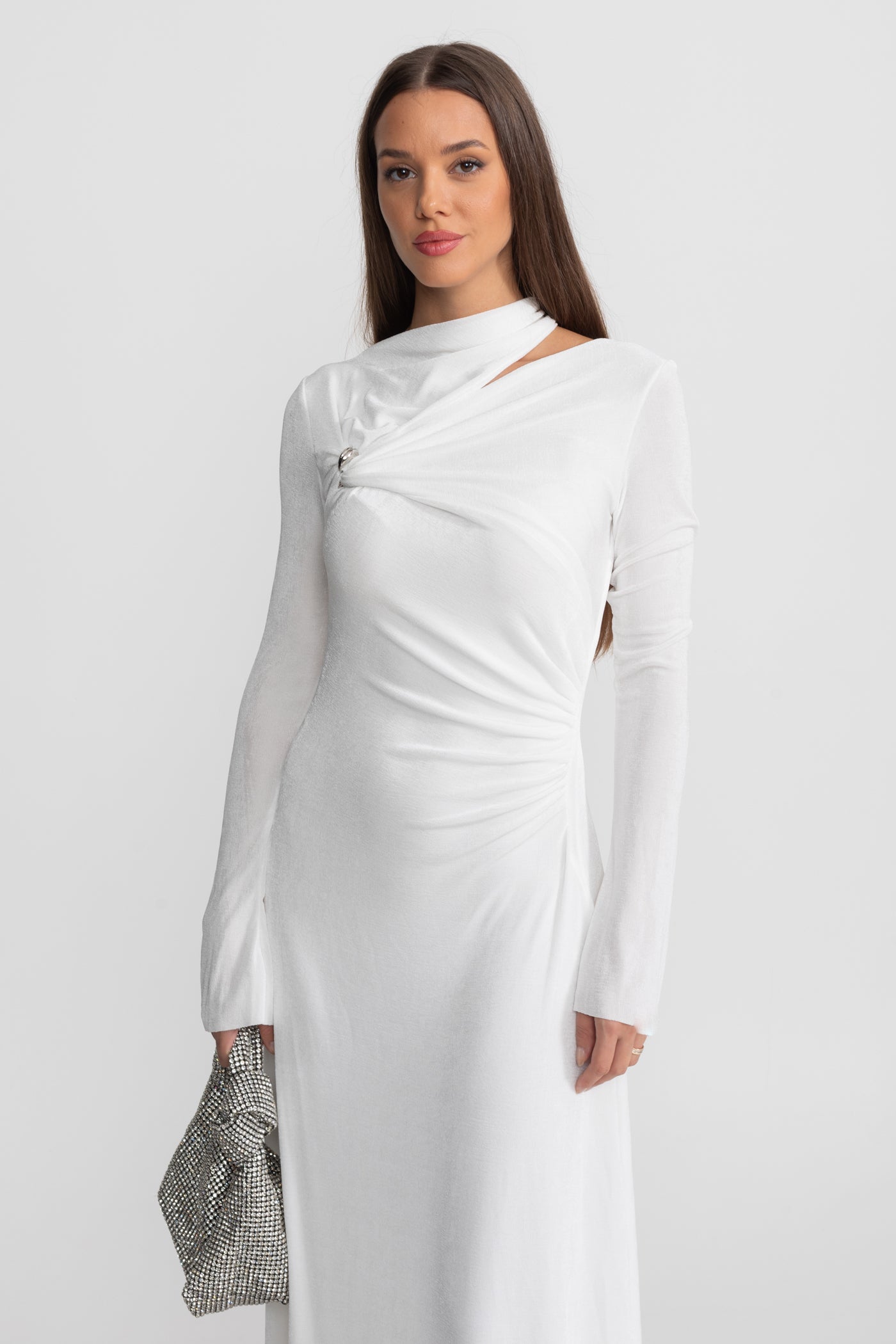 Robe Maxi Drapée avec Découpe et Détail Élégant - Blanc