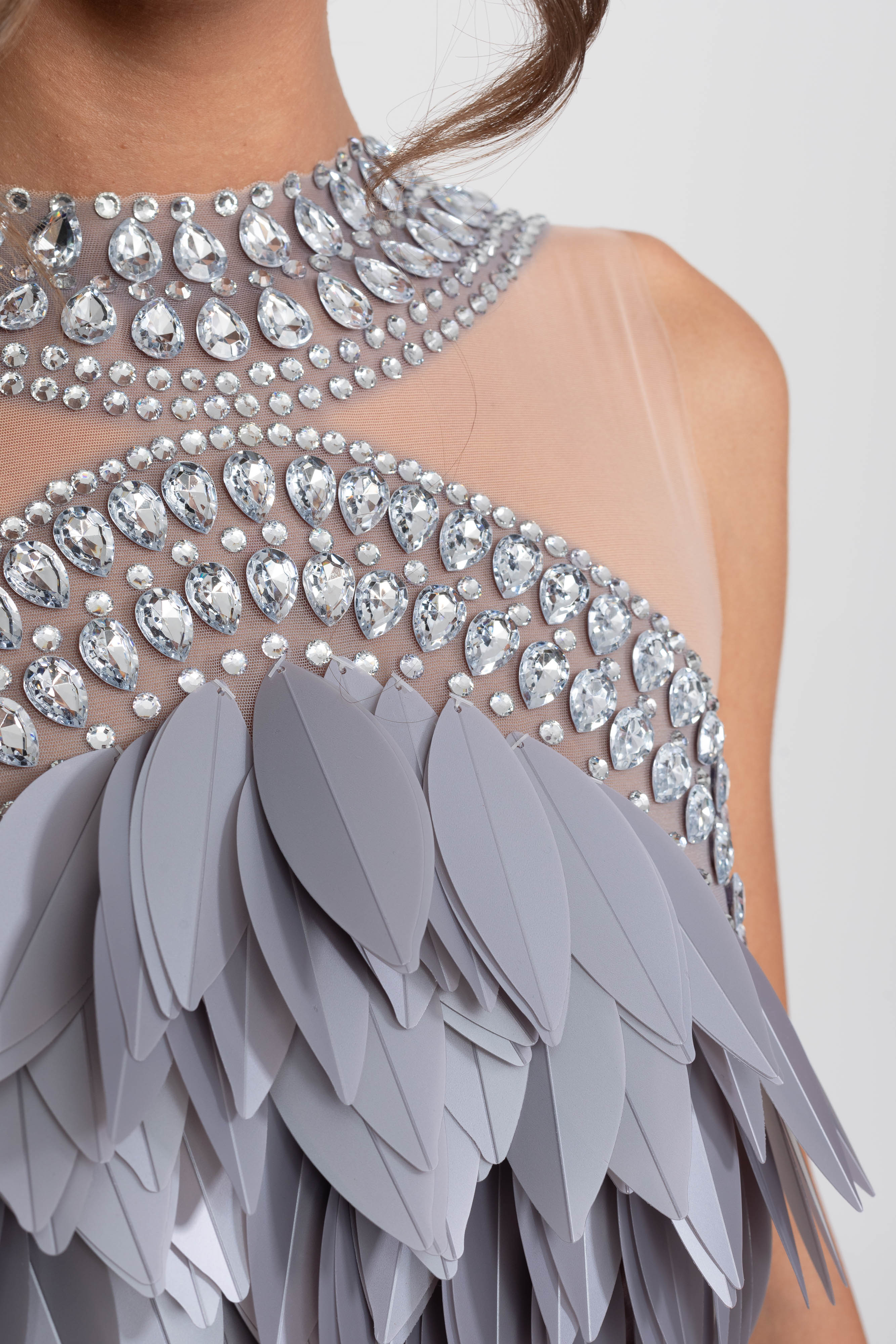 Sleeveless Sheer Mesh Feather-Panel Mini Dress With Crystals - Gray