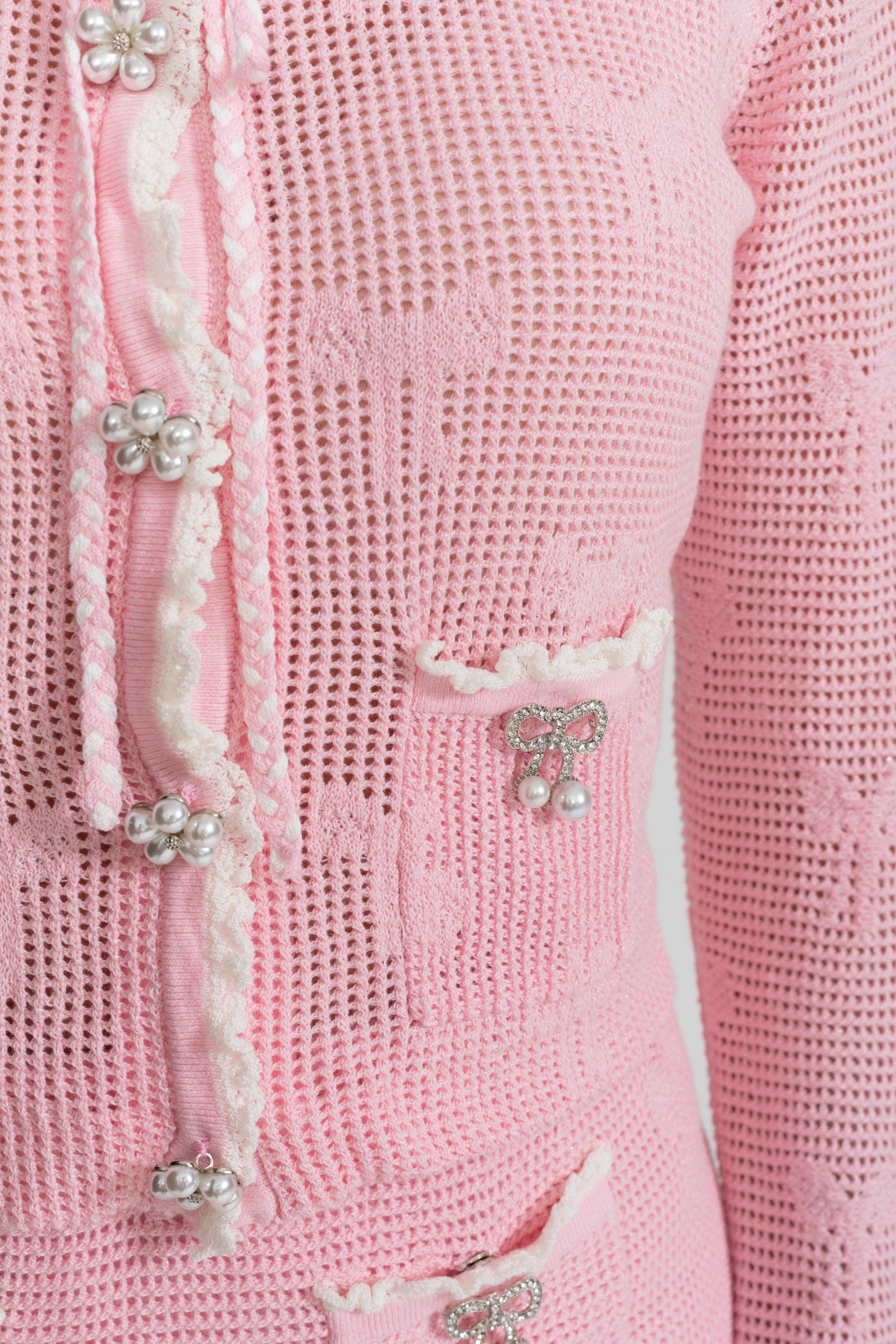 Knit Co-ord Set With Pearl and Bow Detailing – Baby Pink