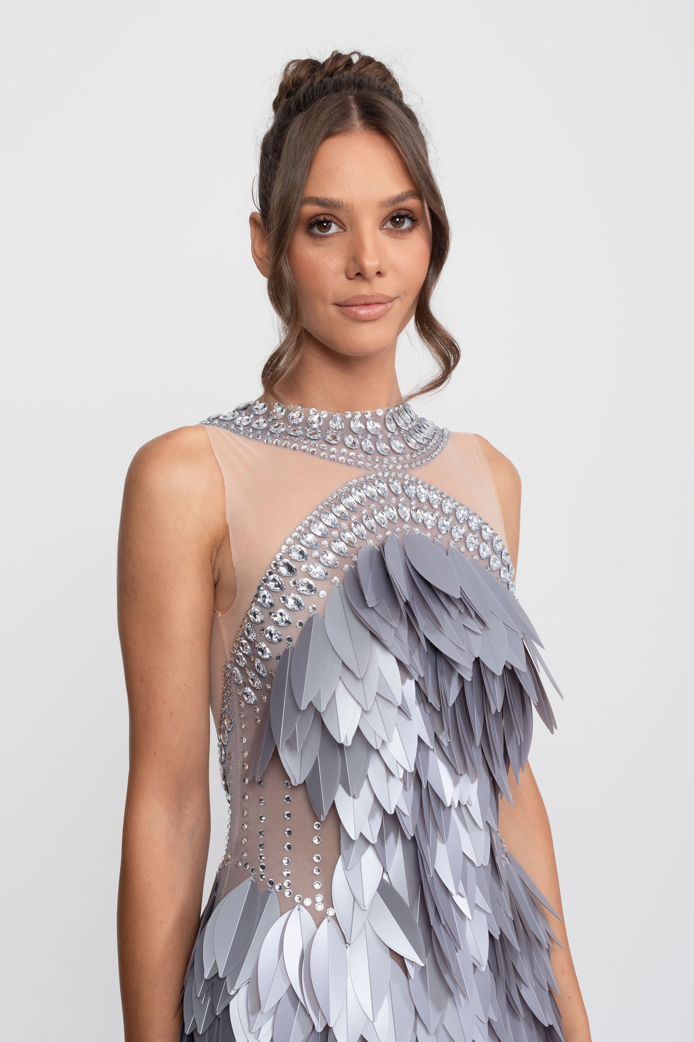 Sleeveless Sheer Mesh Feather-Panel Mini Dress With Crystals - Gray