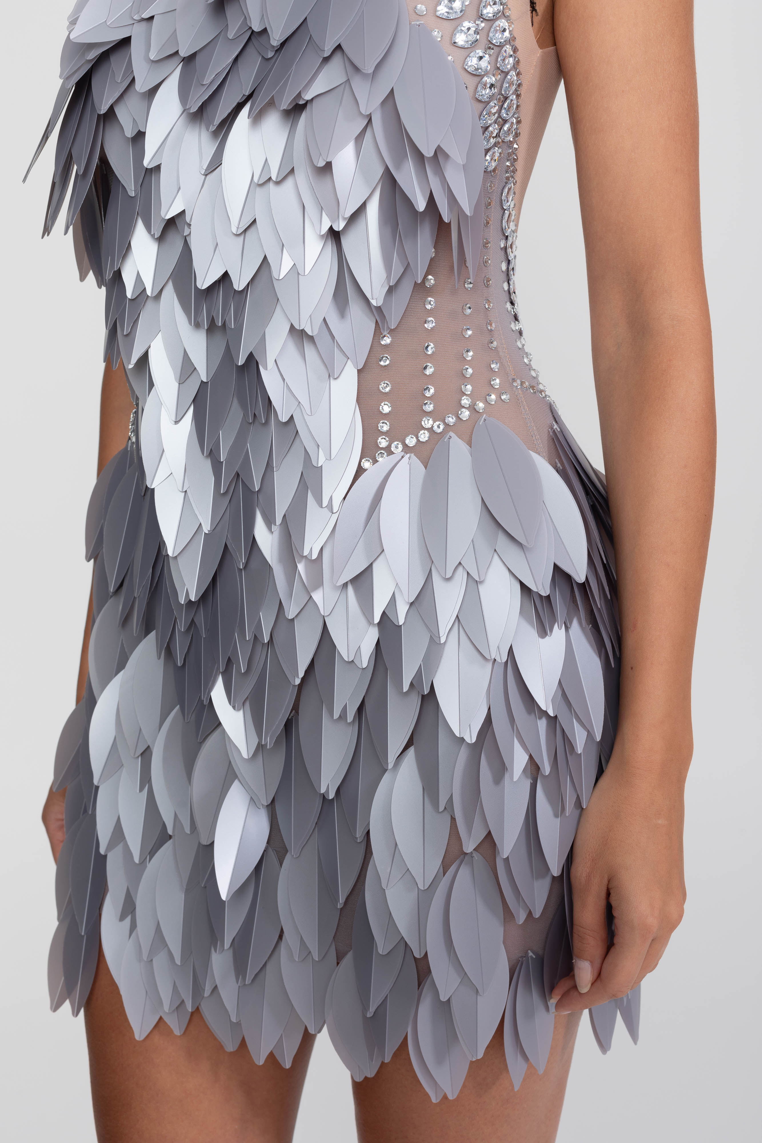 Sleeveless Sheer Mesh Feather-Panel Mini Dress With Crystals - Gray