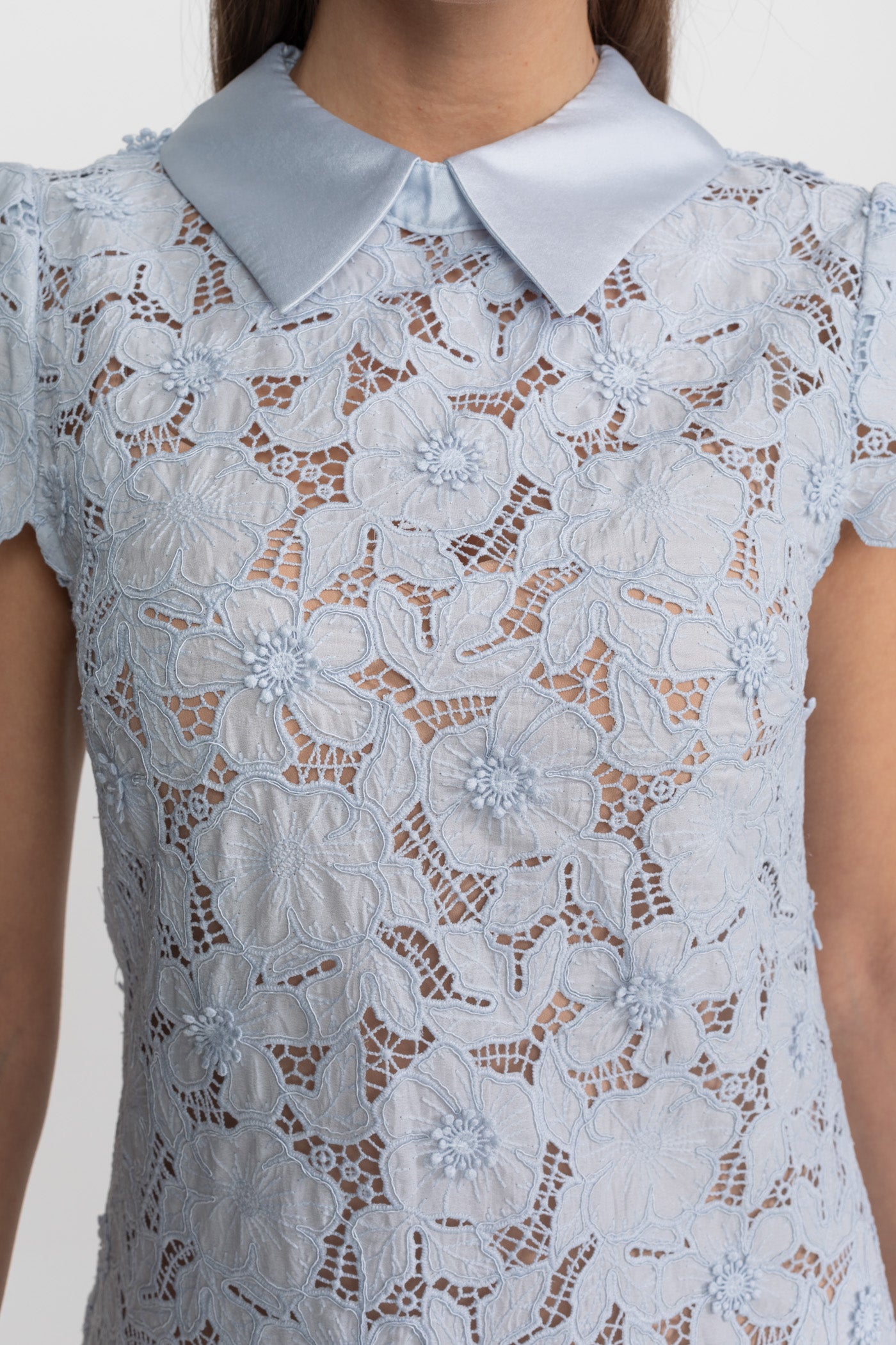 Floral Lace Mini Dress with Satin Collar – Light Blue