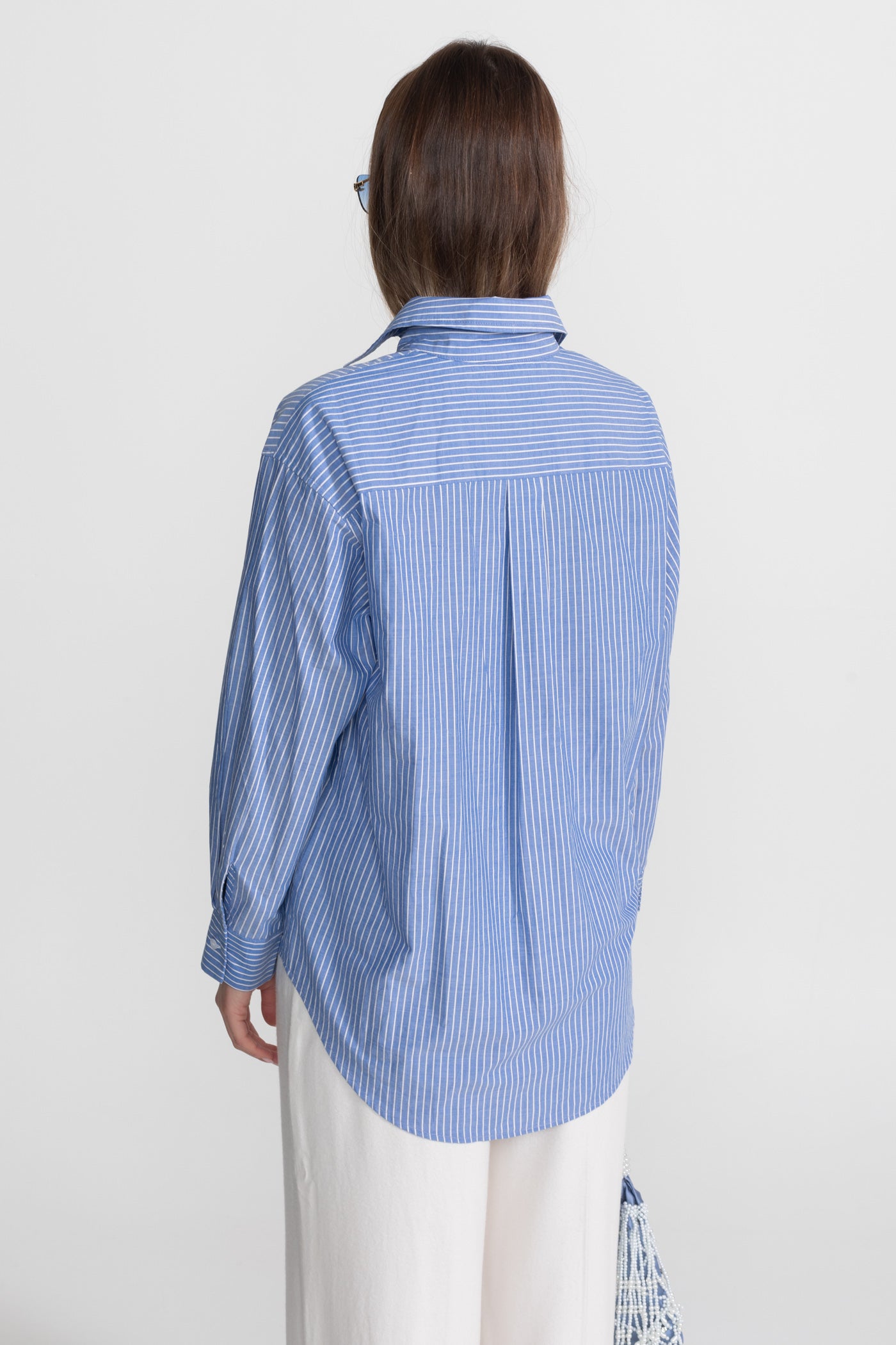 Chemise en coton rayée avec détail nœud oversize – Bleu
