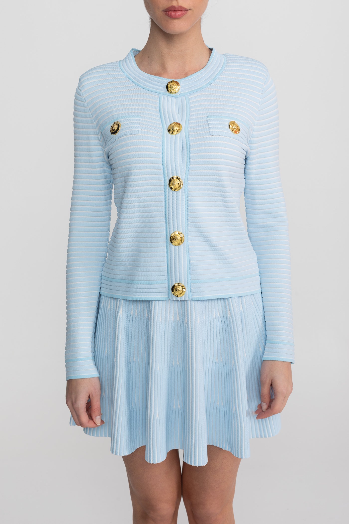 Ribbed Knit Co-Ord Set With Gold Button Embellishment - Blue