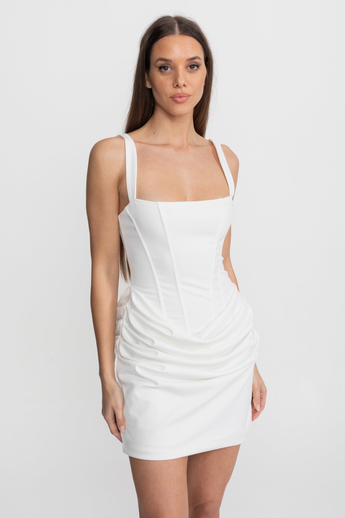 Robe Mini Corset avec Détail Jupe Froncée – Blanc