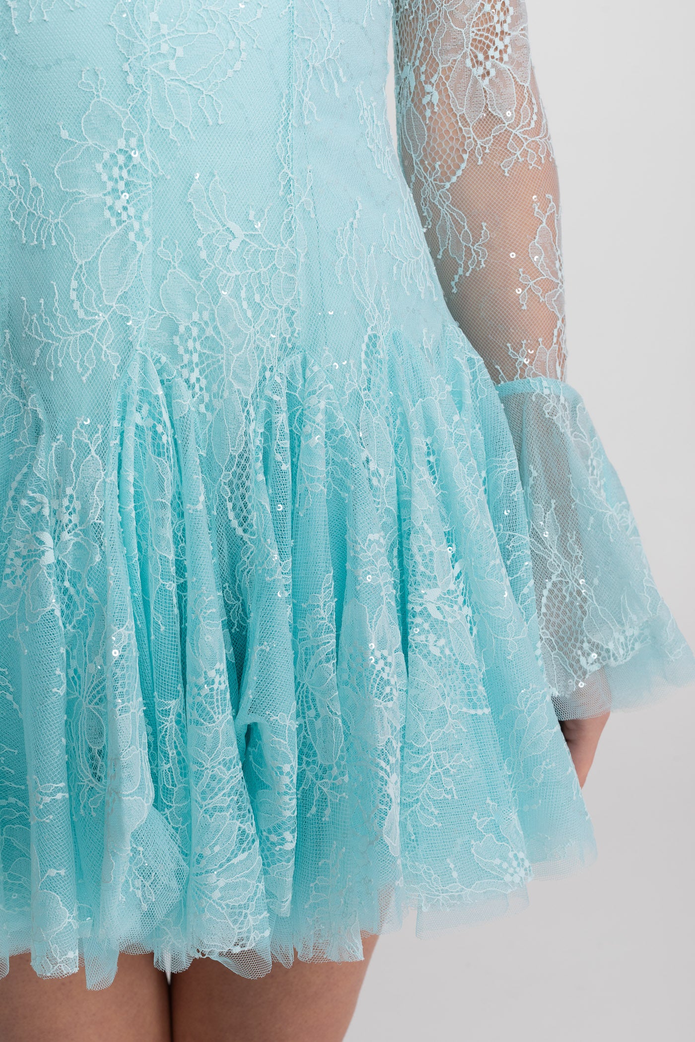 Robe Mini à Manches Longues en Dentelle Transparente avec Ourlet à Volants - Teal