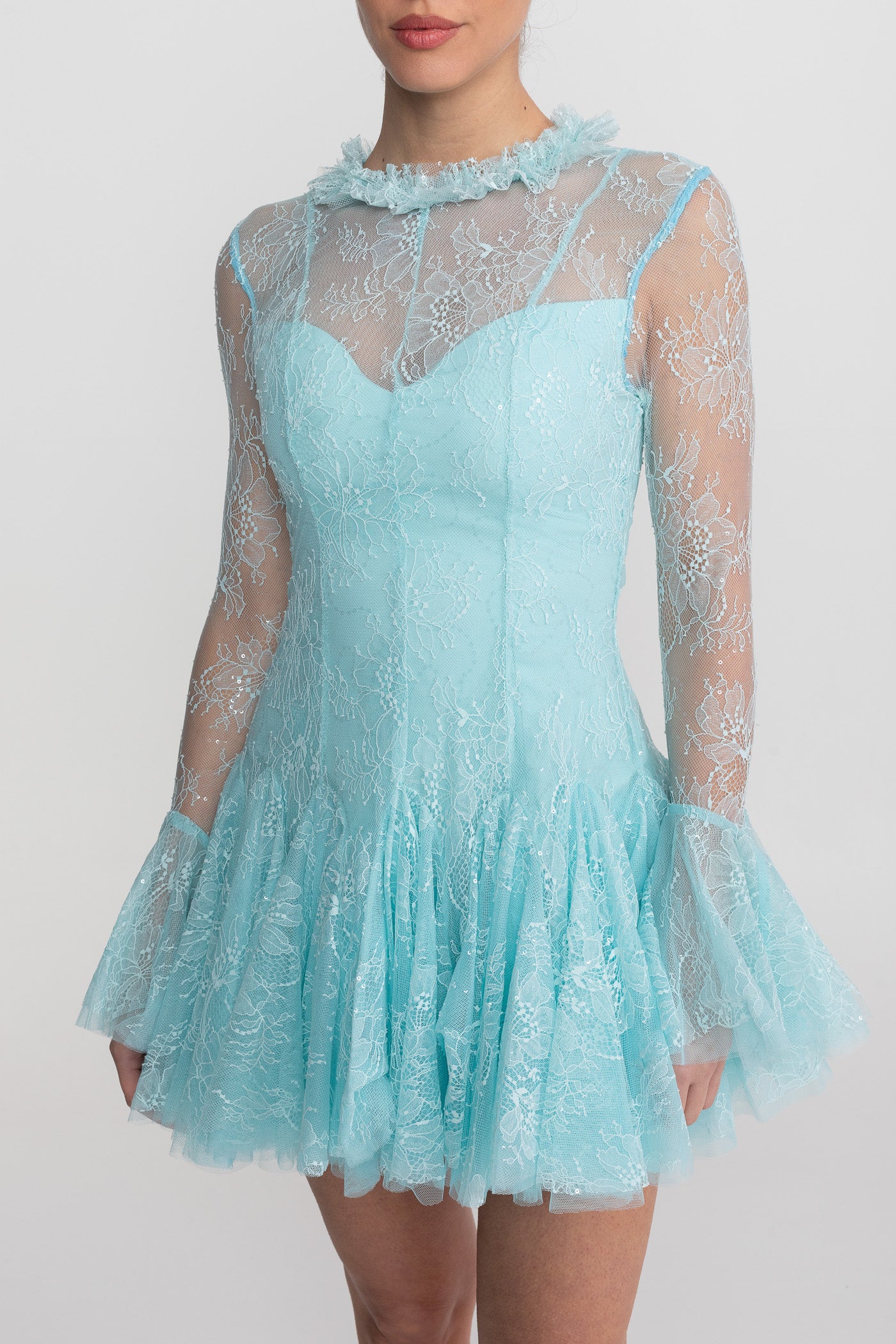 Robe Mini à Manches Longues en Dentelle Transparente avec Ourlet à Volants - Teal