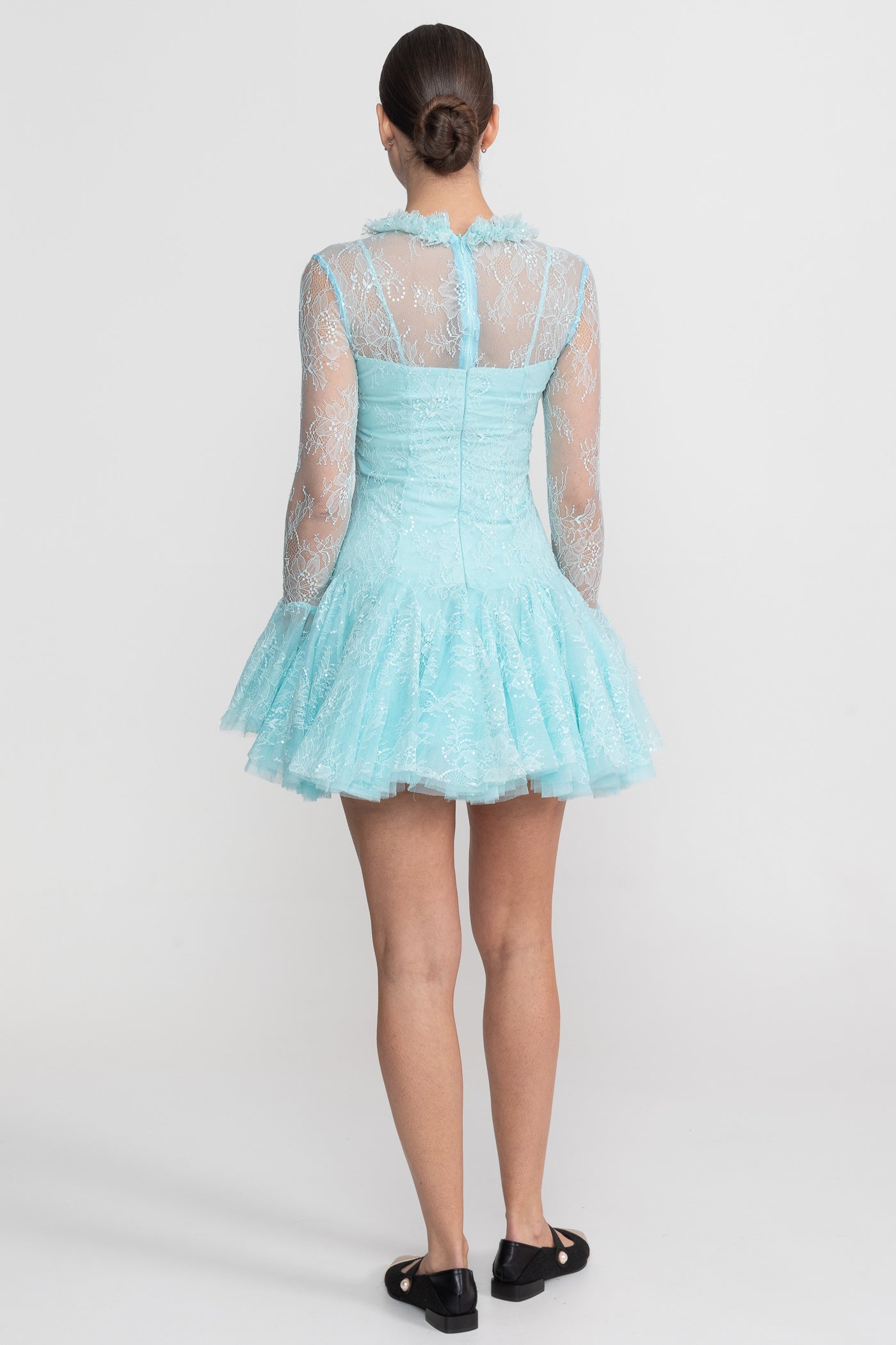 Robe Mini à Manches Longues en Dentelle Transparente avec Ourlet à Volants - Teal