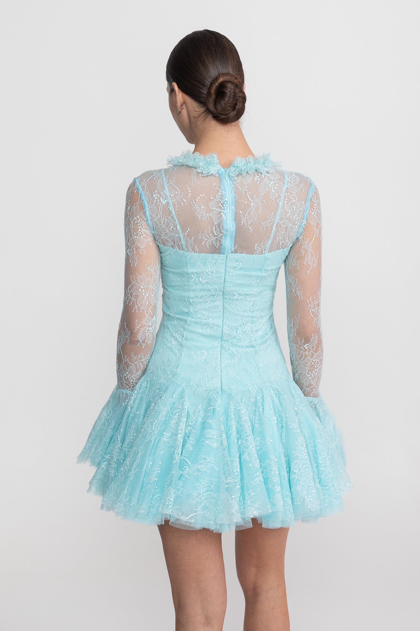 Robe Mini à Manches Longues en Dentelle Transparente avec Ourlet à Volants - Teal