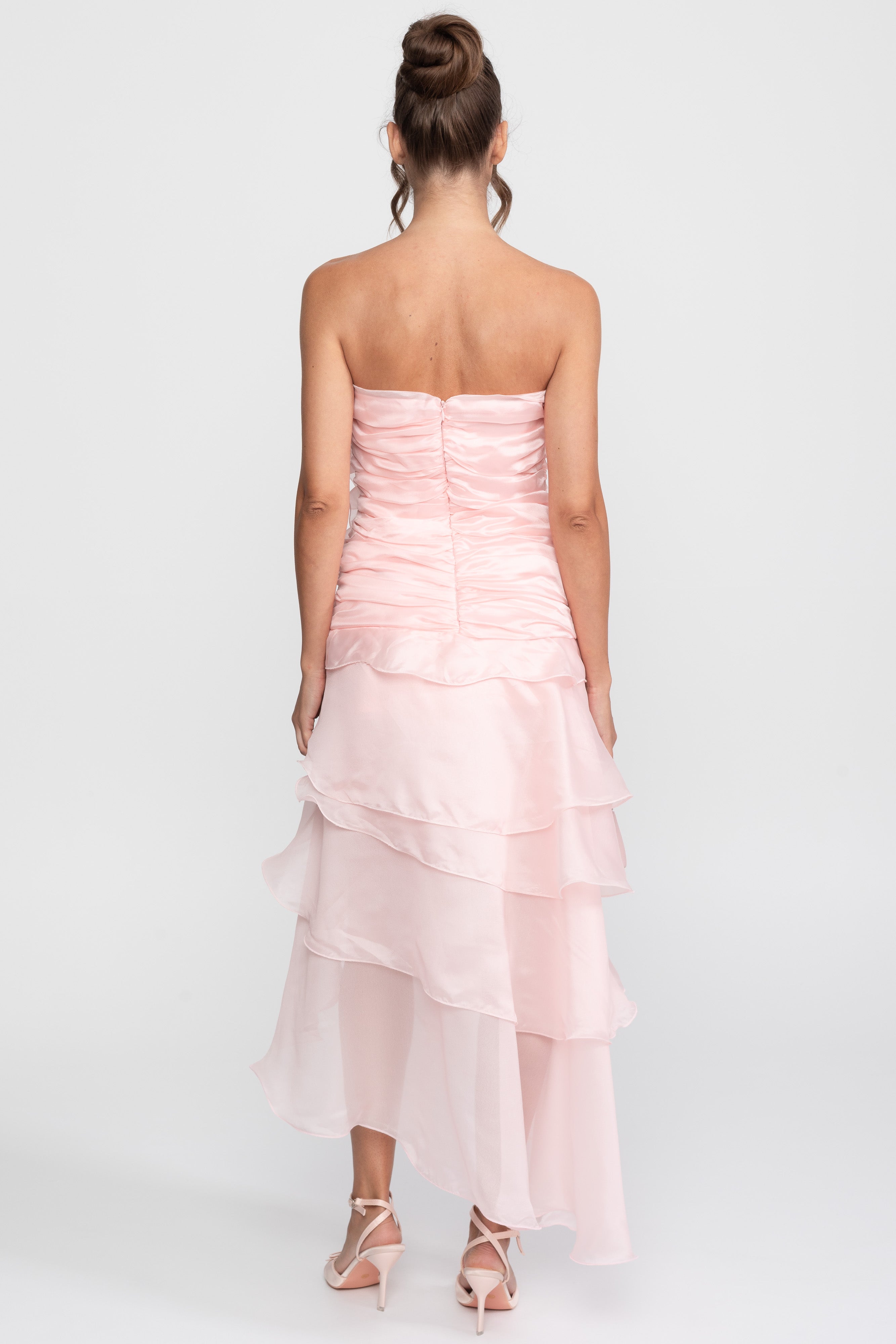 Robe à volants de pétales sans bretelles avec ornements floraux 3D - Rose