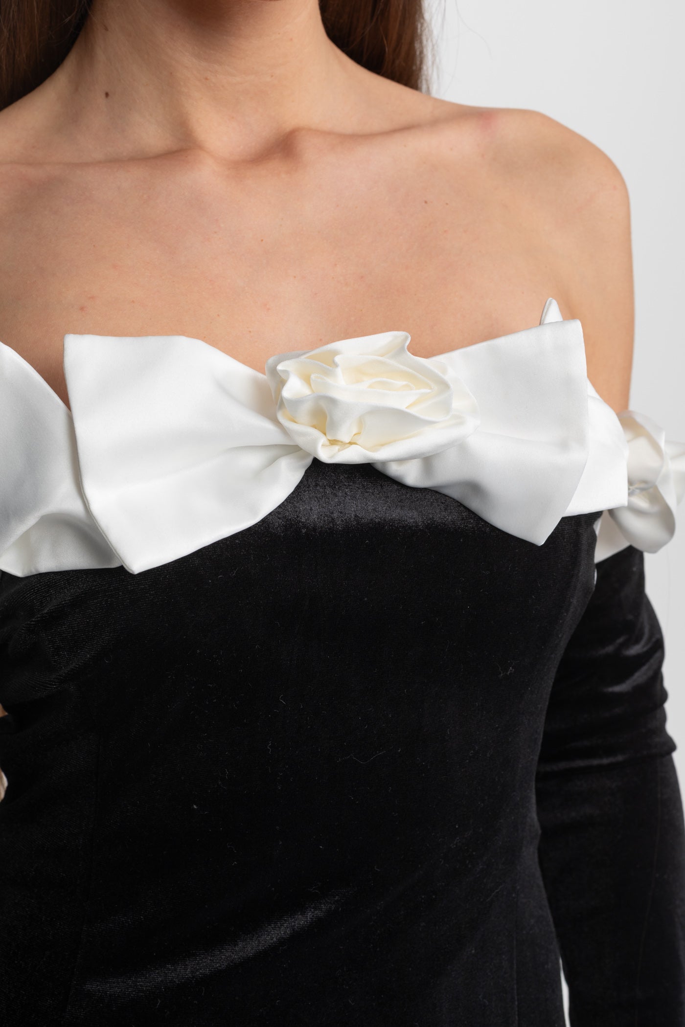 Velvet Strapless Maxi Dress with Floral Bow Appliqué – Black