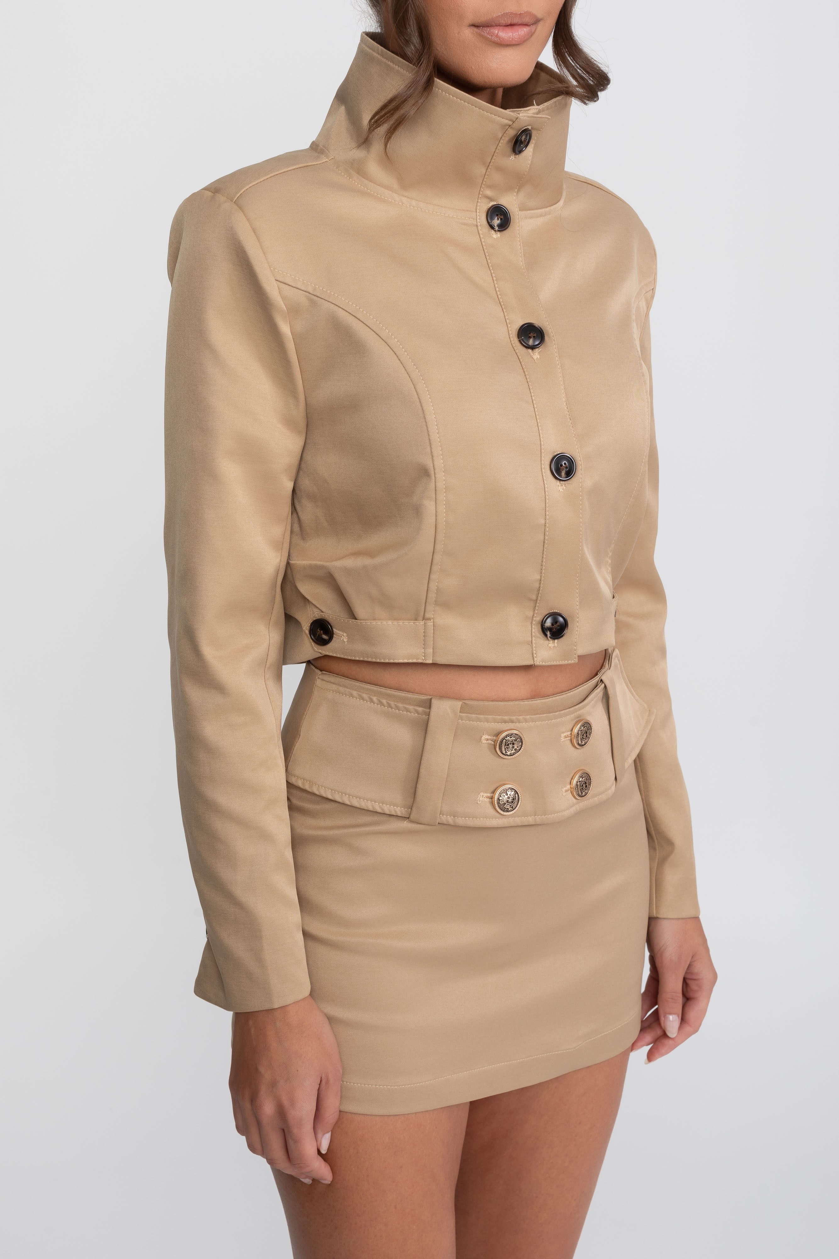 Ensemble coordonné veste courte croisée et mini-jupe - Khaki