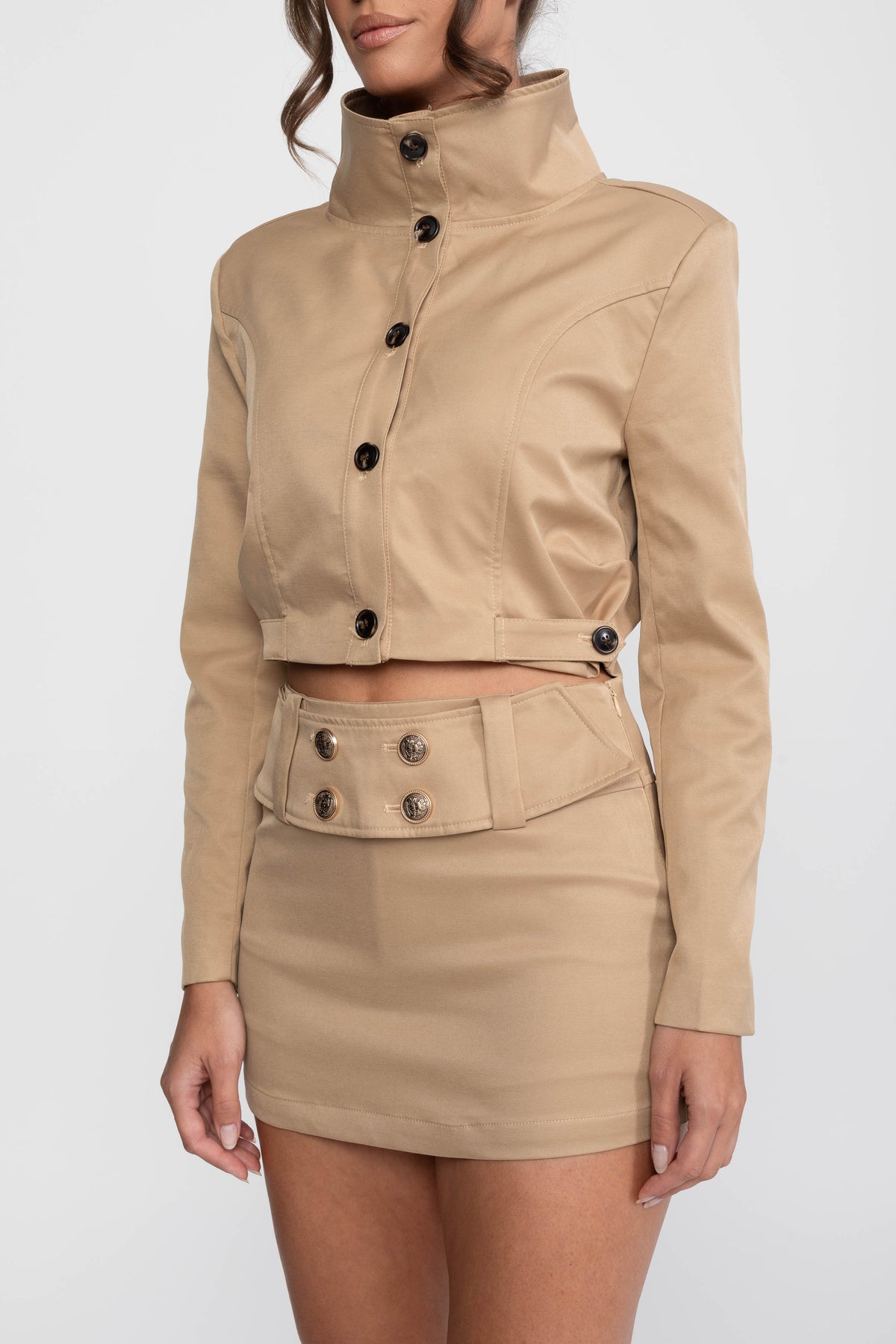 Ensemble coordonné veste courte croisée et mini-jupe - Khaki
