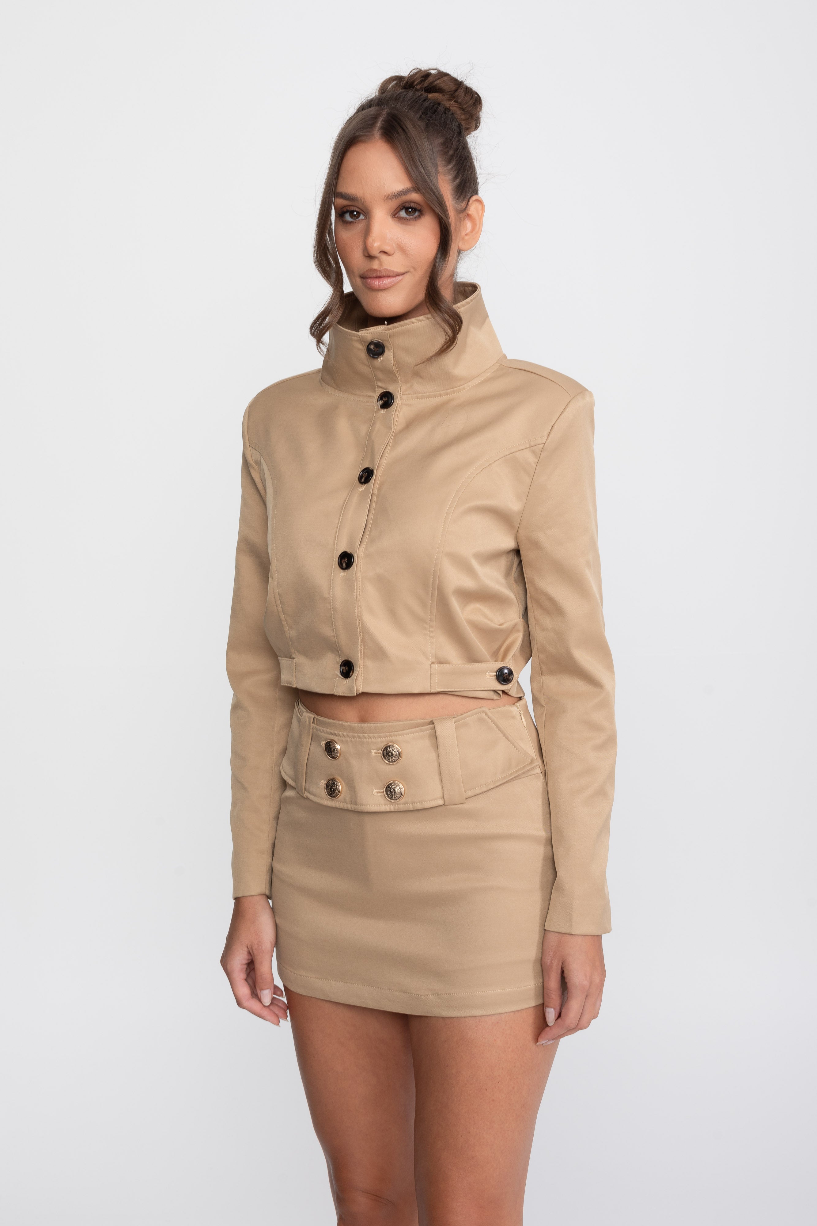 Ensemble coordonné veste courte croisée et mini-jupe - Khaki