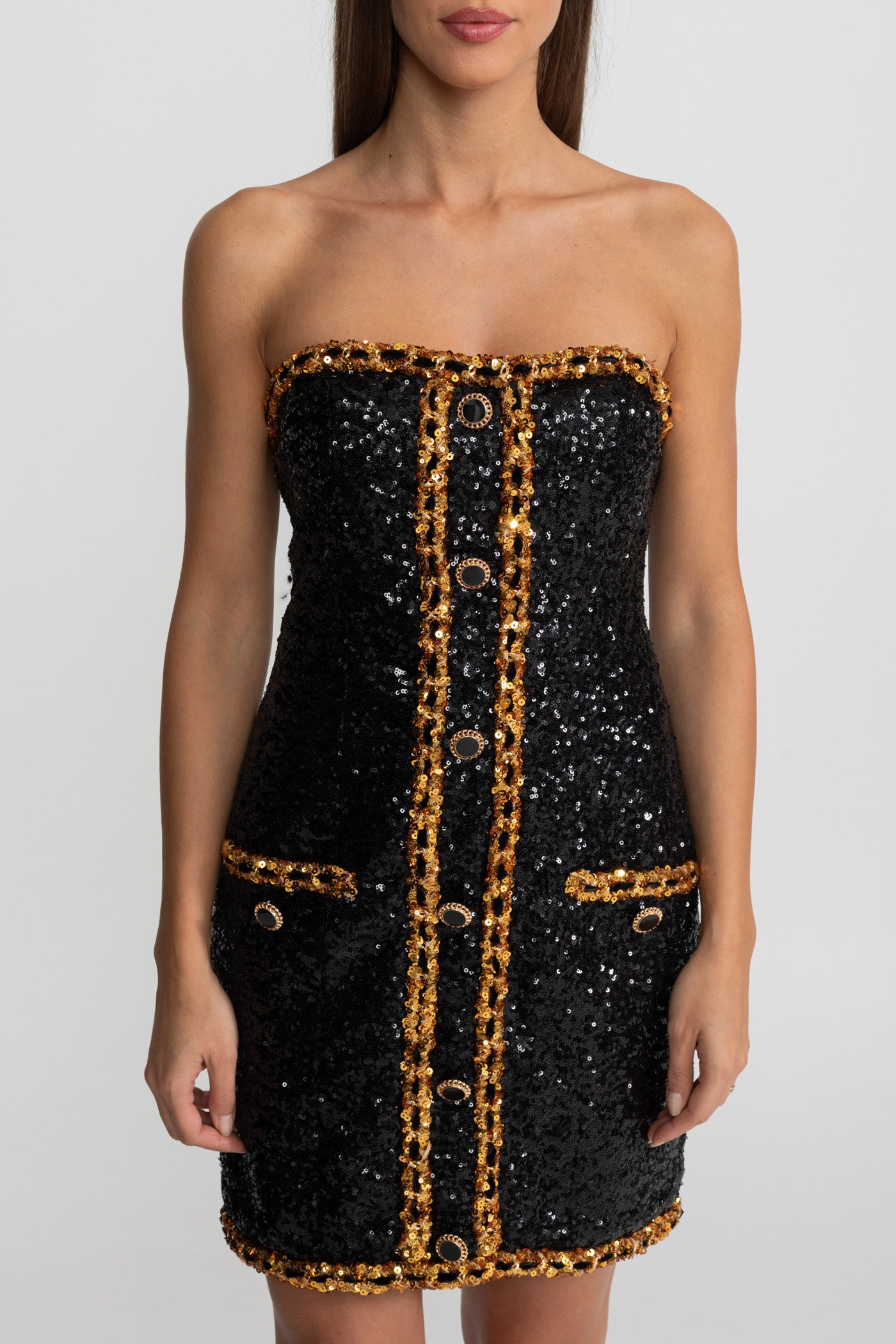 Robe Mini Bustier à Sequins avec Détail de Chaîne – Noir