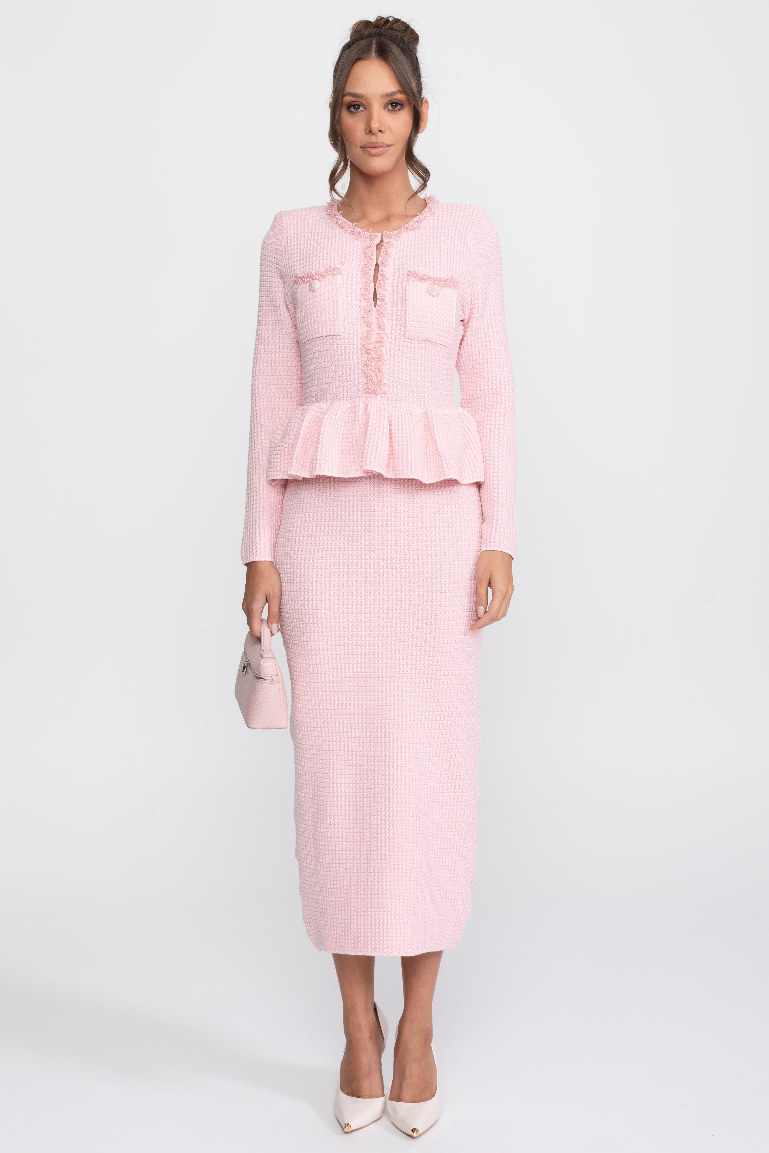 Fringe Trim Knit Peplum Dress With Front Chest Pockets - Pink