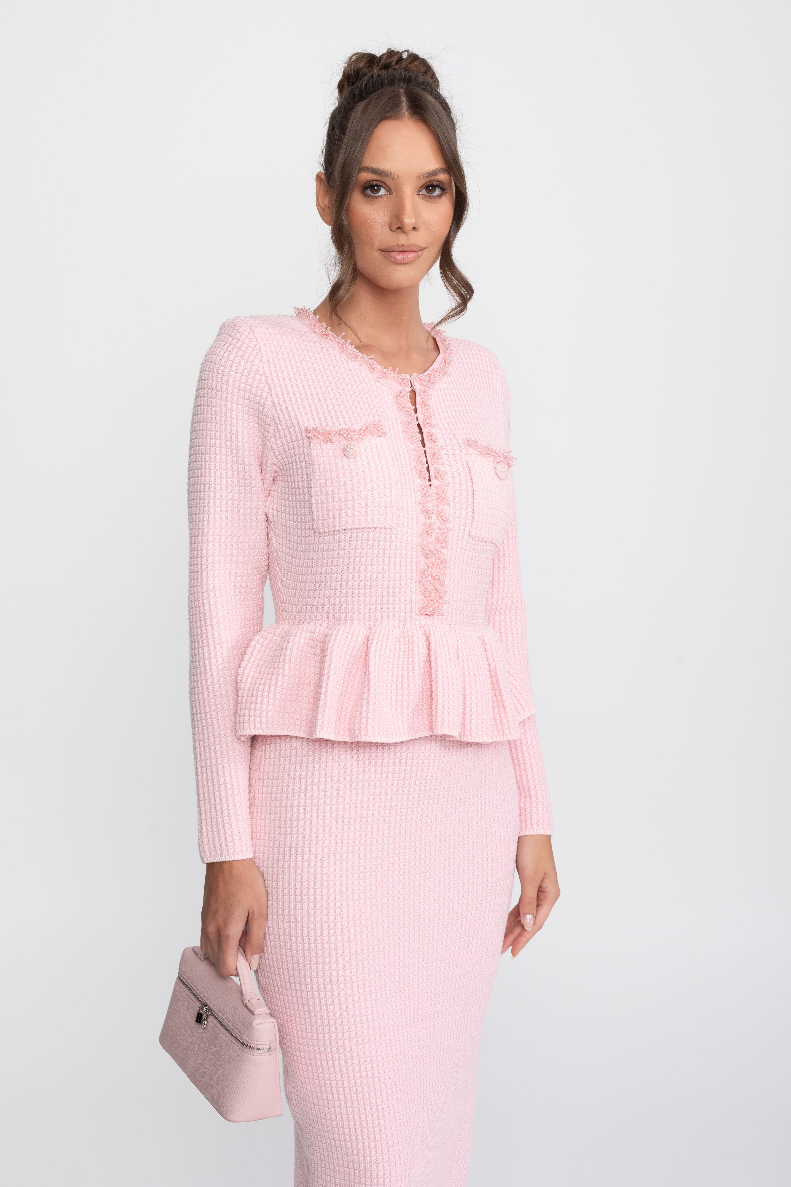 Fringe Trim Knit Peplum Dress With Front Chest Pockets - Pink