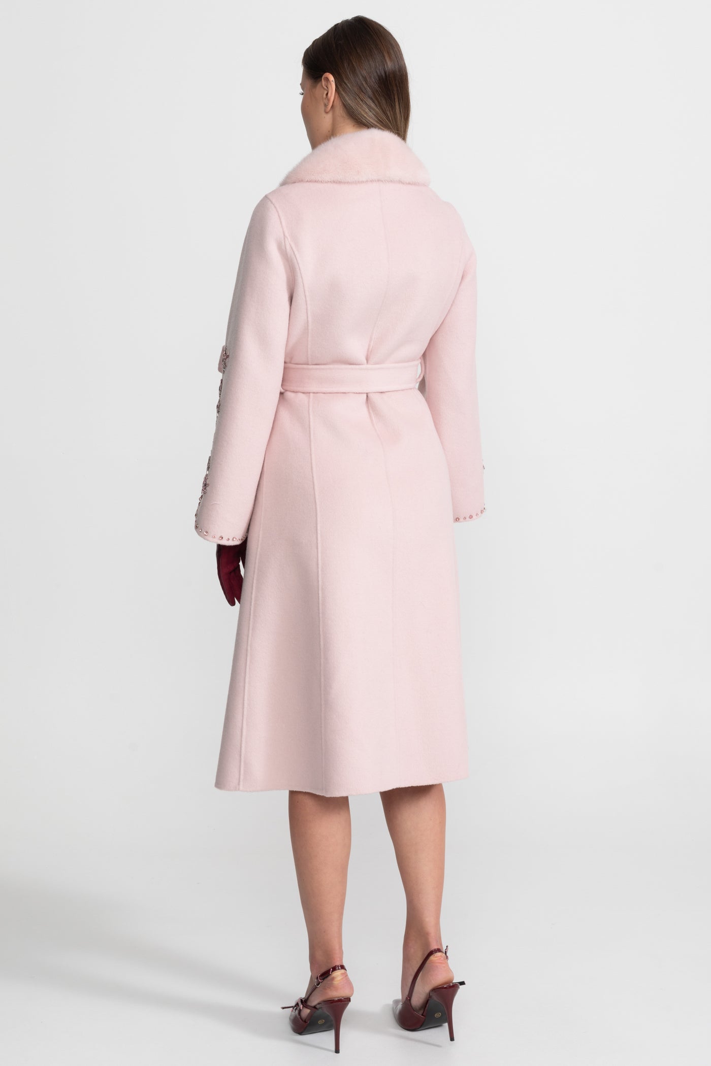 Manteau en laine orné avec col en renard – Rose