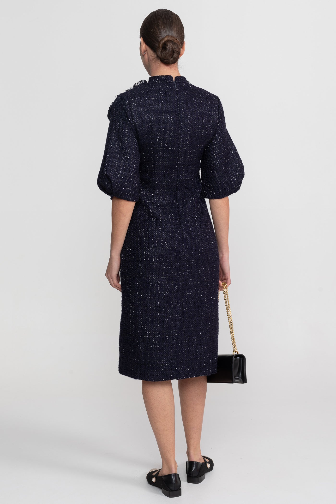 Robe Midi en Tweed avec Détail de Col à Nœud Oversize - Bleu Marine