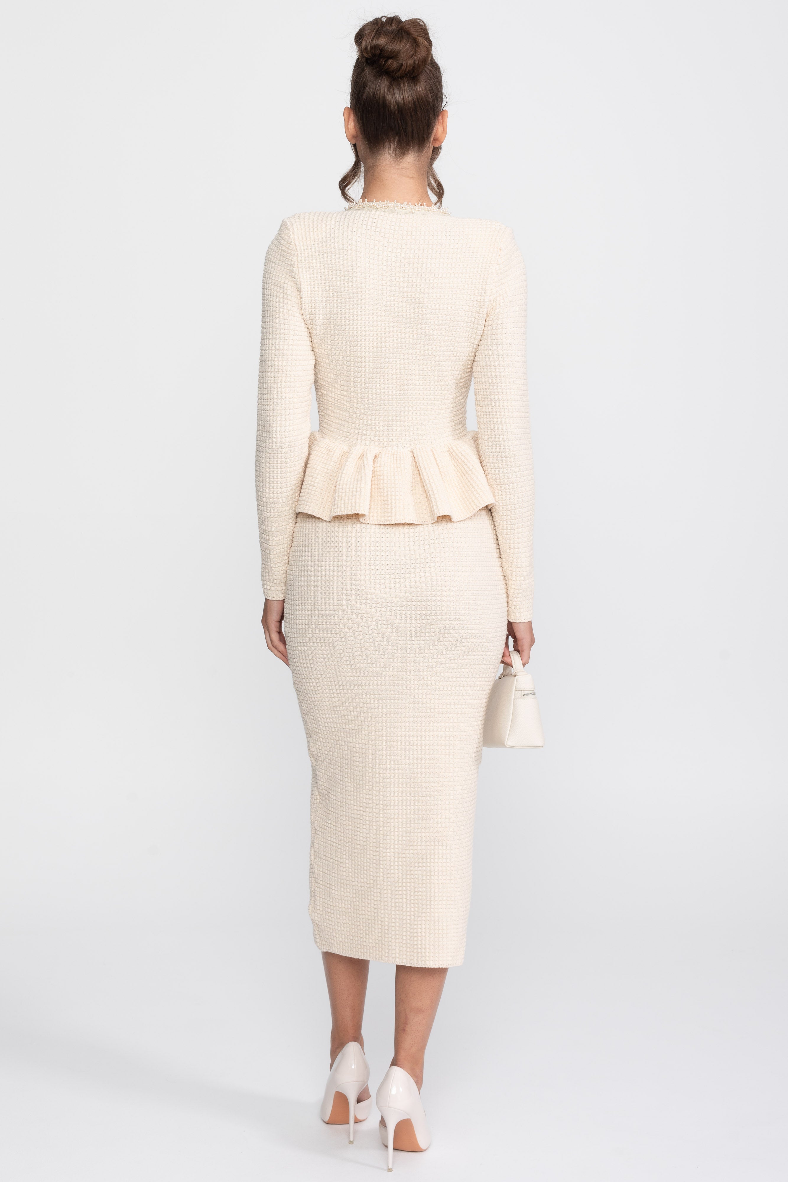 Fringe Trim Knit Peplum Dress With Front Chest Pockets - Beige
