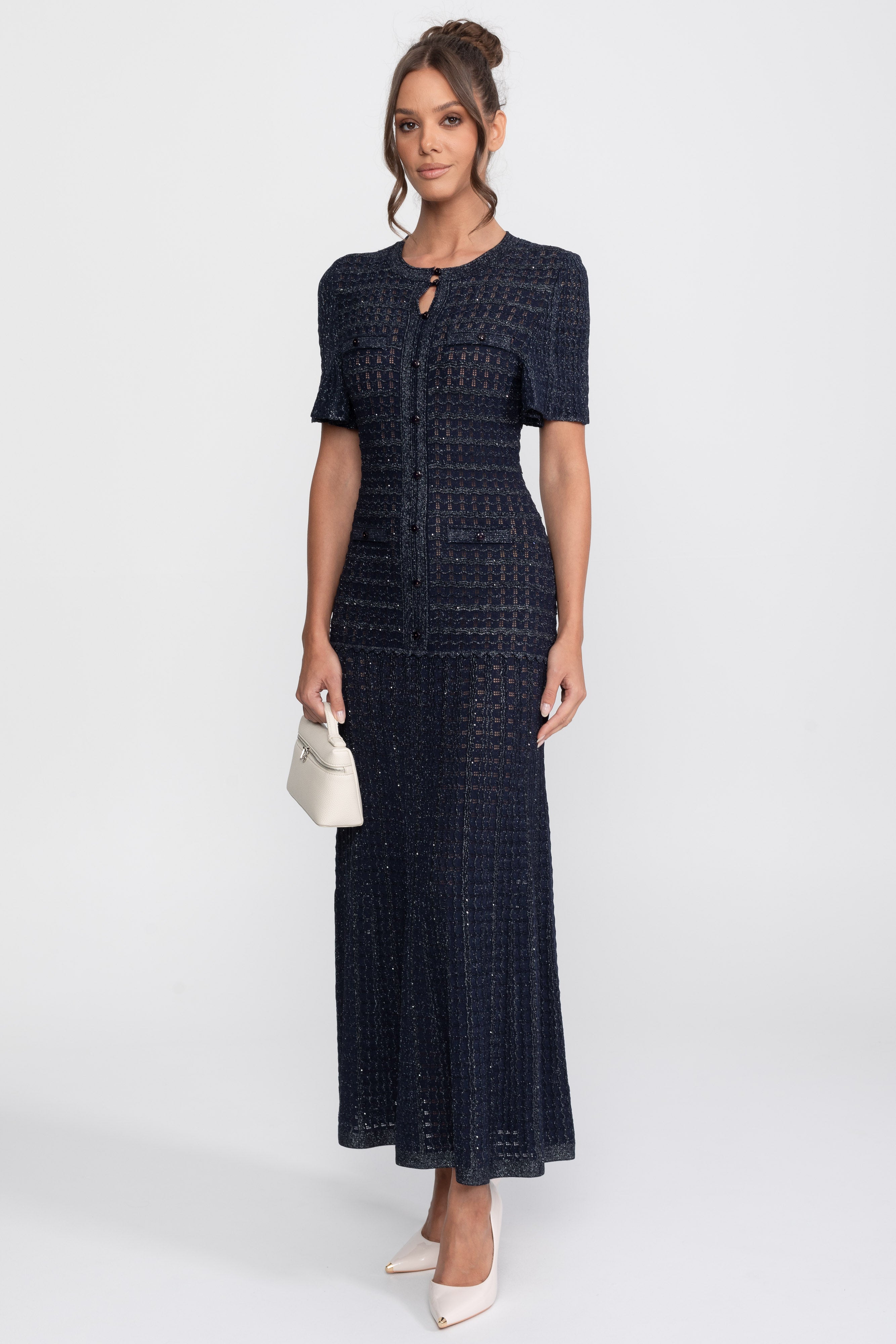 Robe Midi à Manches Courtes avec Texture Tricotée Scintillante - Navy