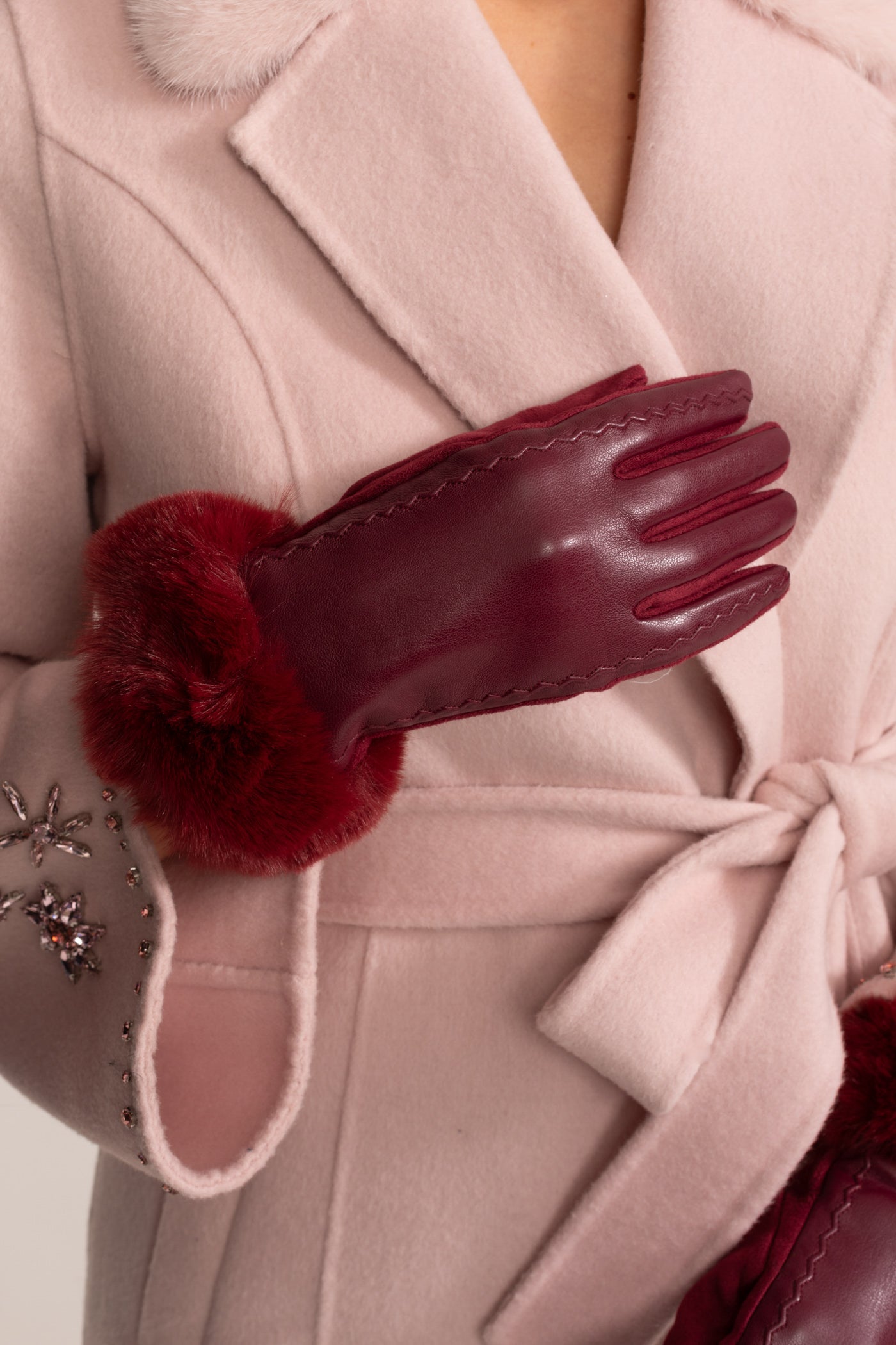 Gants en cuir vegan avec poignets en fourrure - Bourgogne