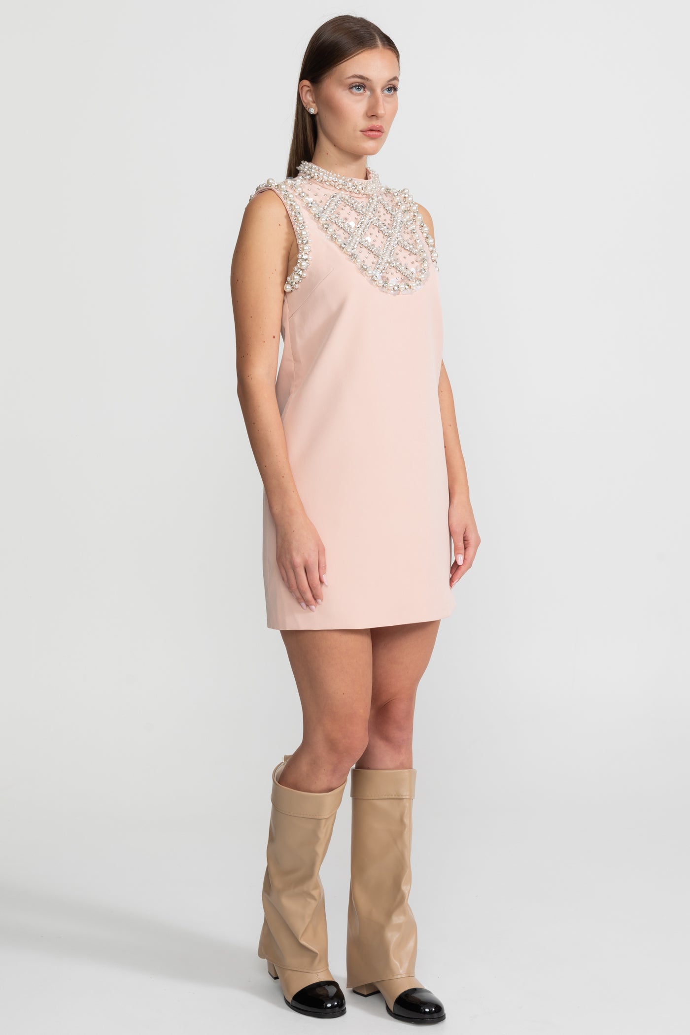 Embellished Sleeveless Mini Dress with High Neckline - Blush Pink