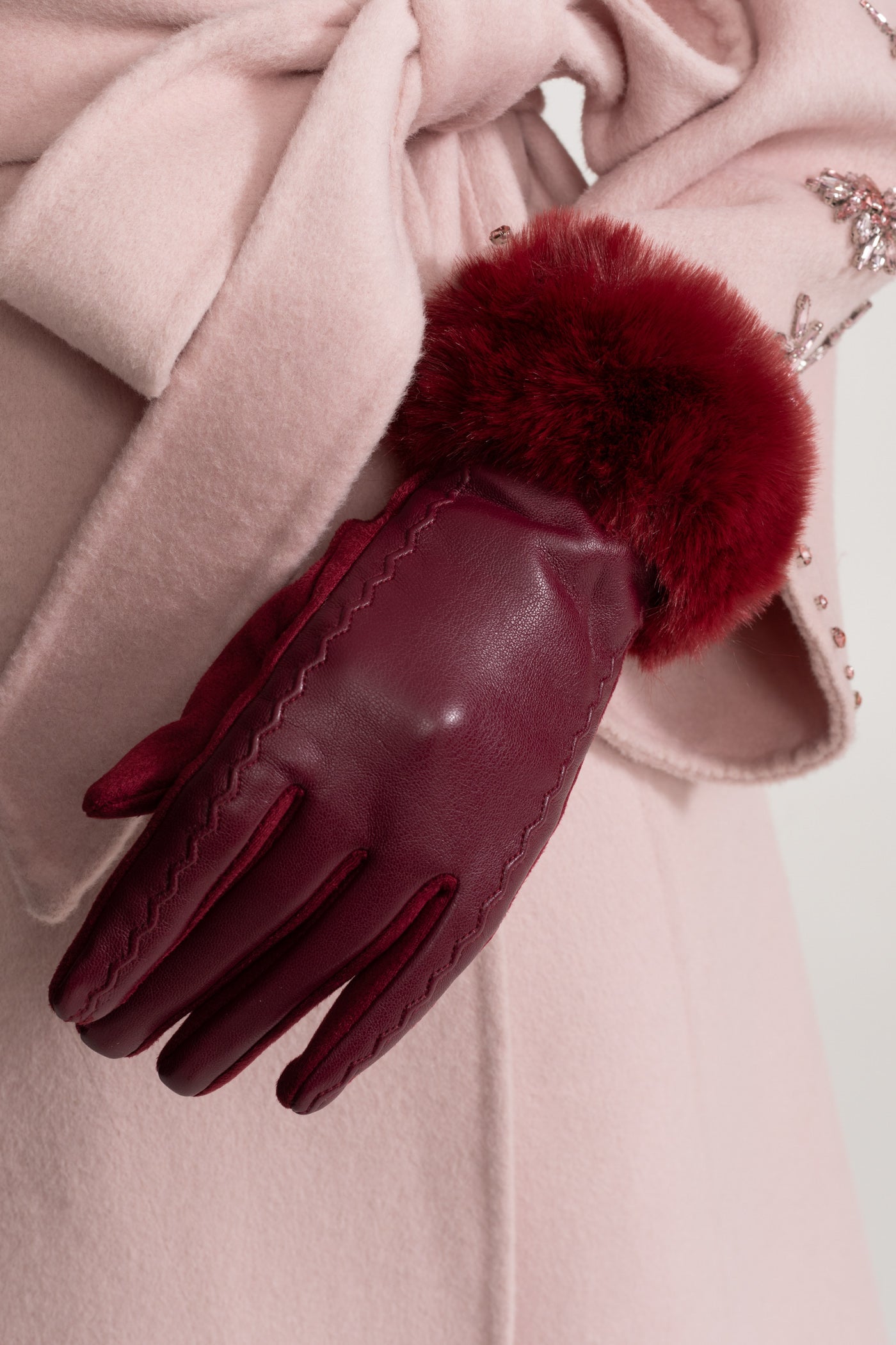 Gants en cuir vegan avec poignets en fourrure - Bourgogne
