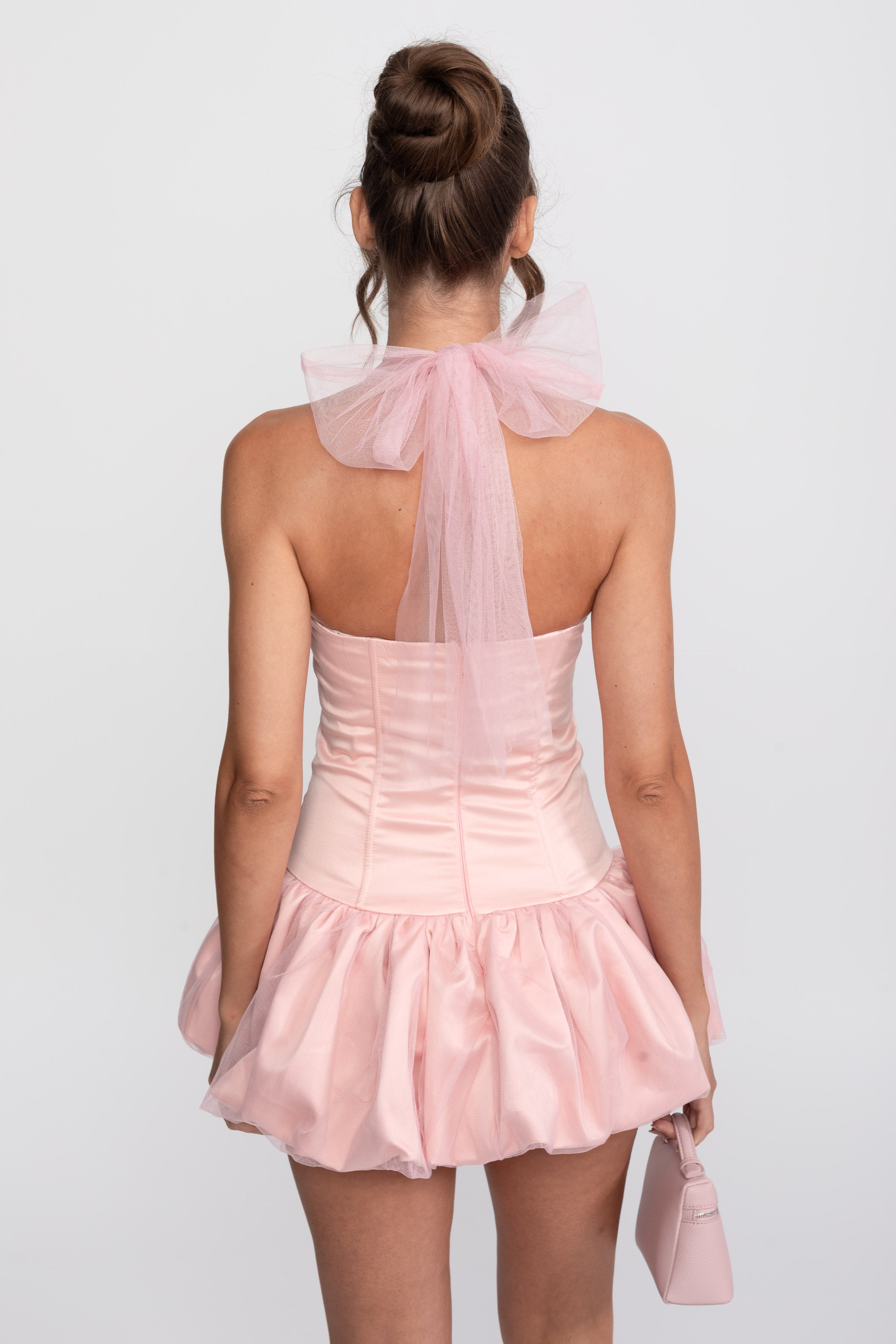 Robe mini à ourlet boule corset avec lien licou transparent - Rose