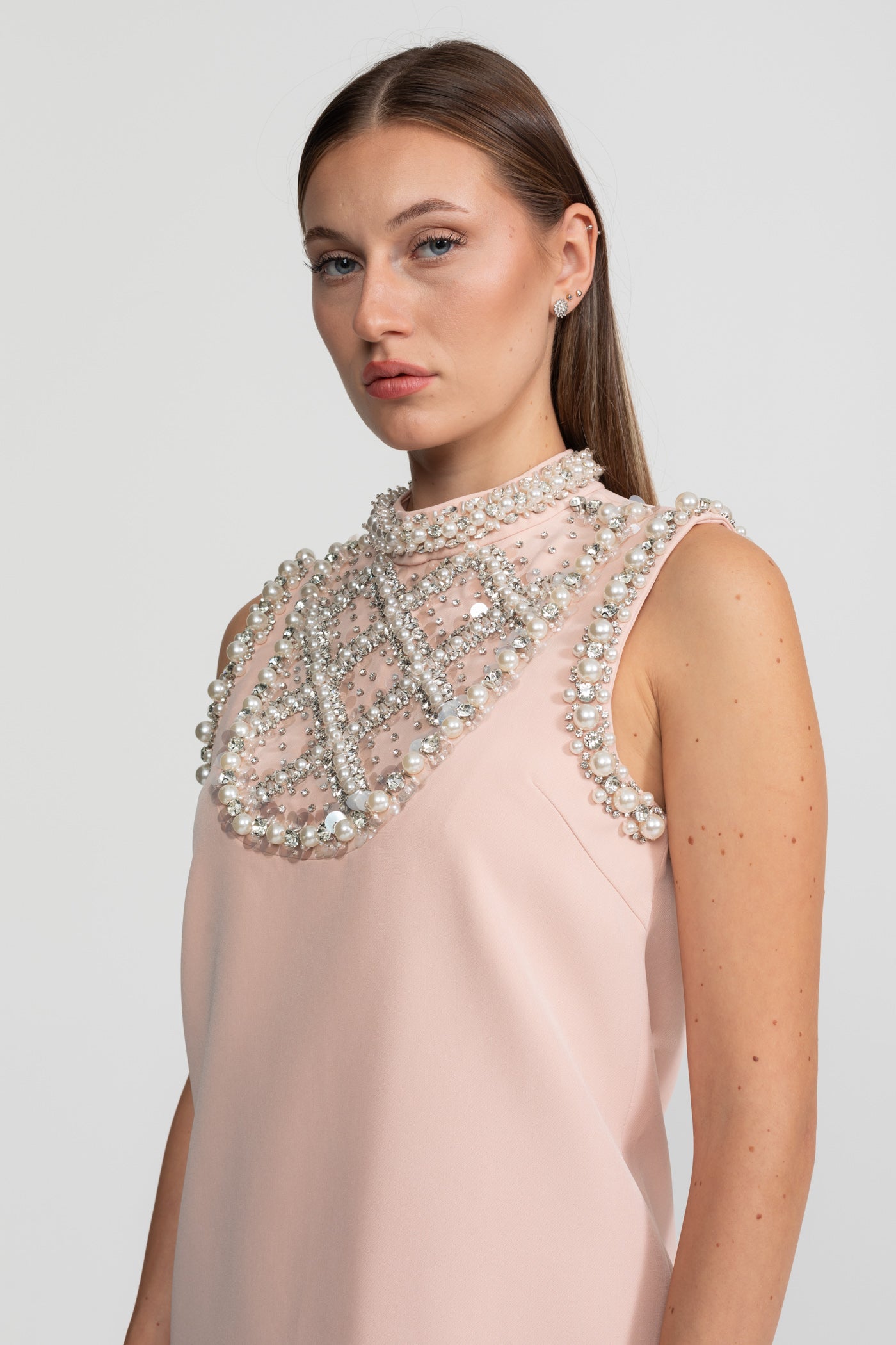 Embellished Sleeveless Mini Dress with High Neckline - Blush Pink
