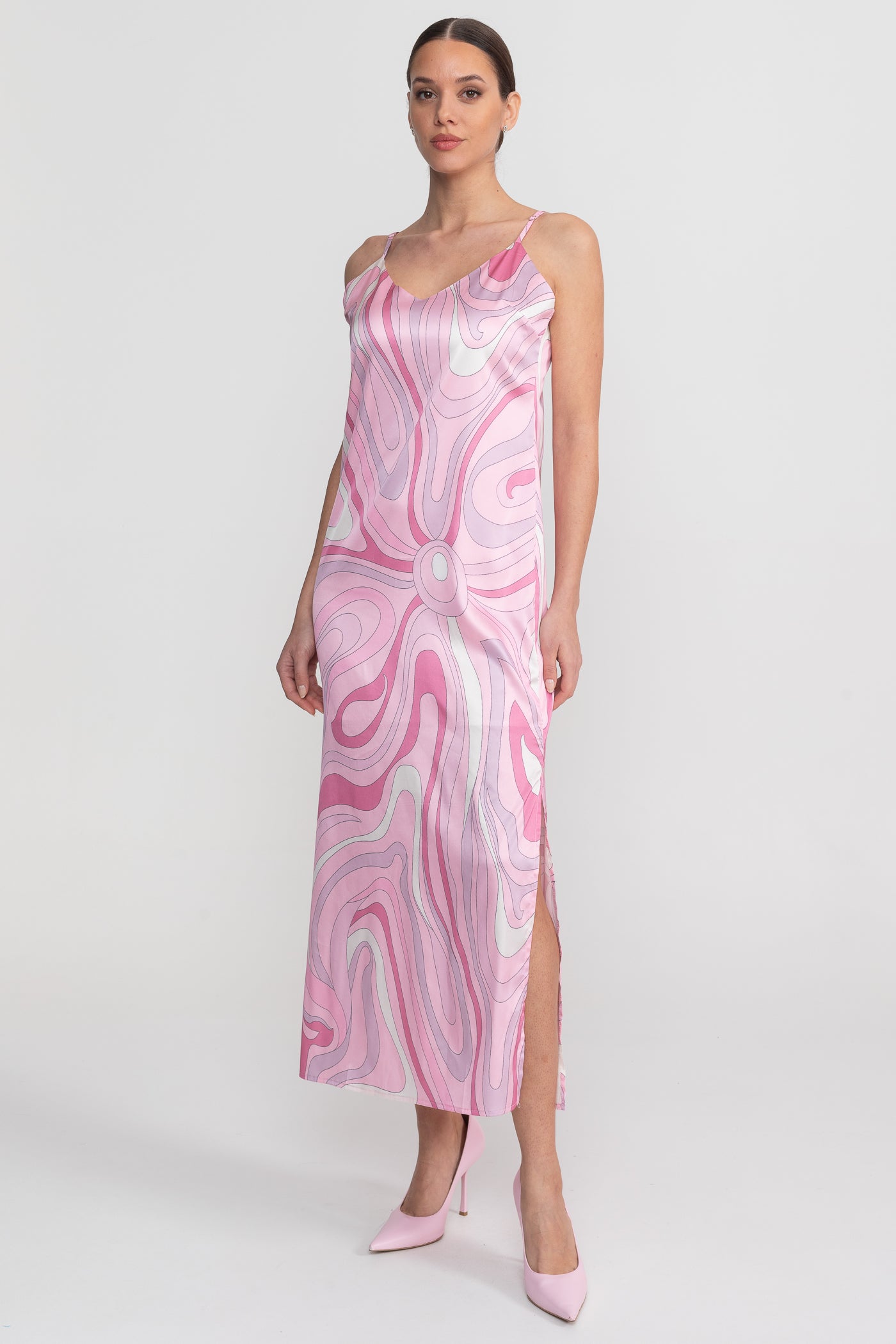 Robe Midi Imprimée à Bretelles avec Motif Tourbillonnant Abstrait - Rose