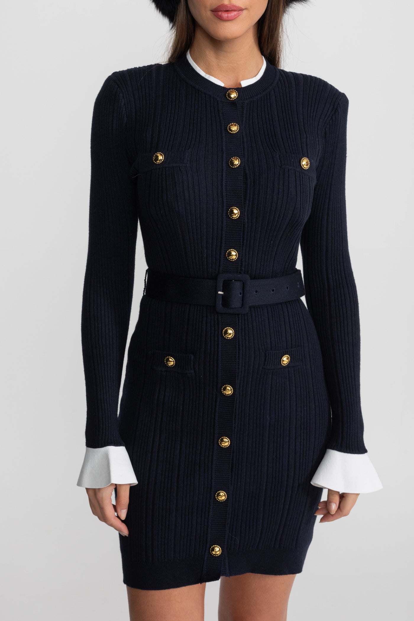 Robe Mini en Maille Côtelée avec Fermeture à Boutons Dorés - Bleu Marine