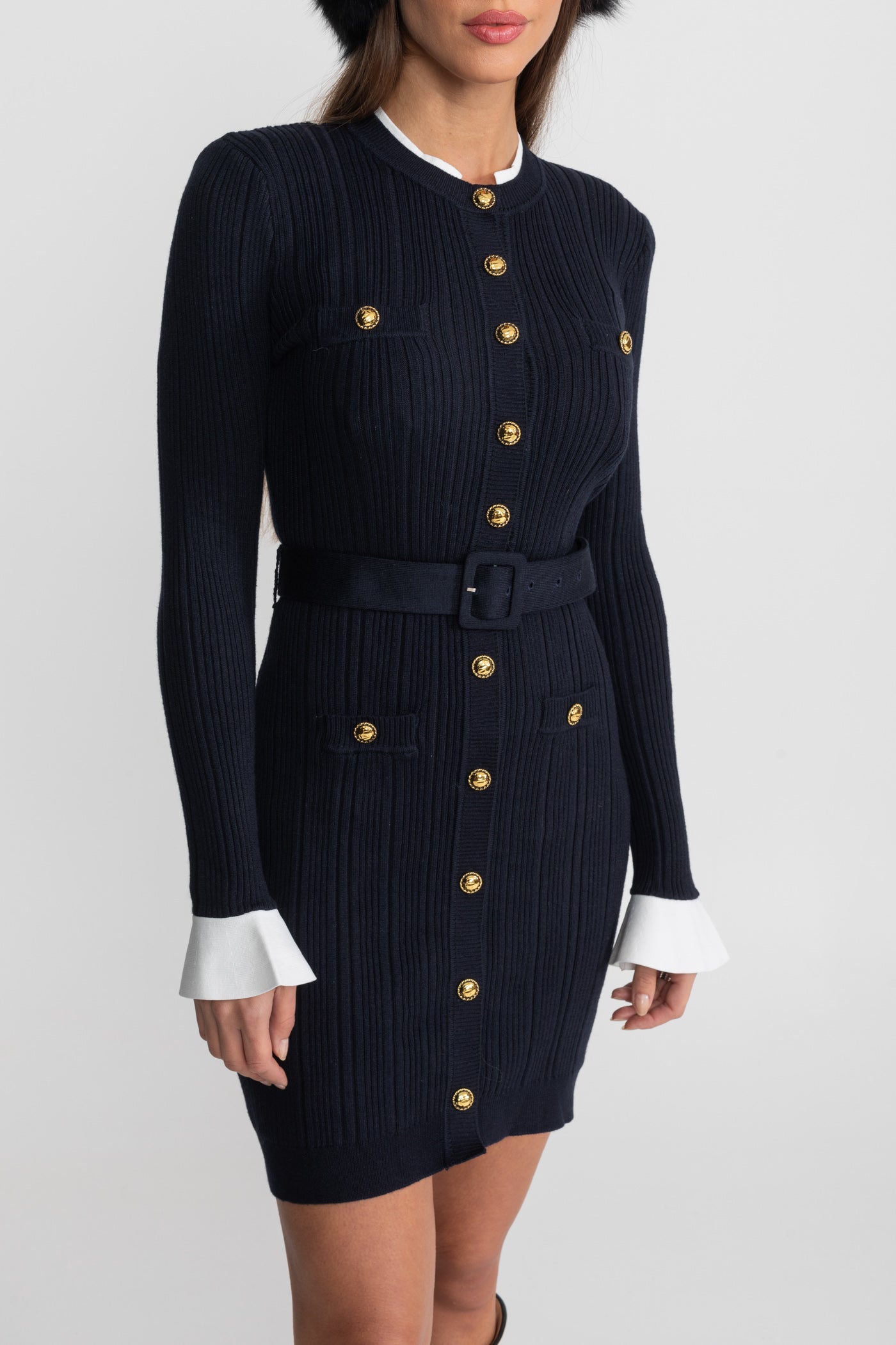 Robe Mini en Maille Côtelée avec Fermeture à Boutons Dorés - Bleu Marine