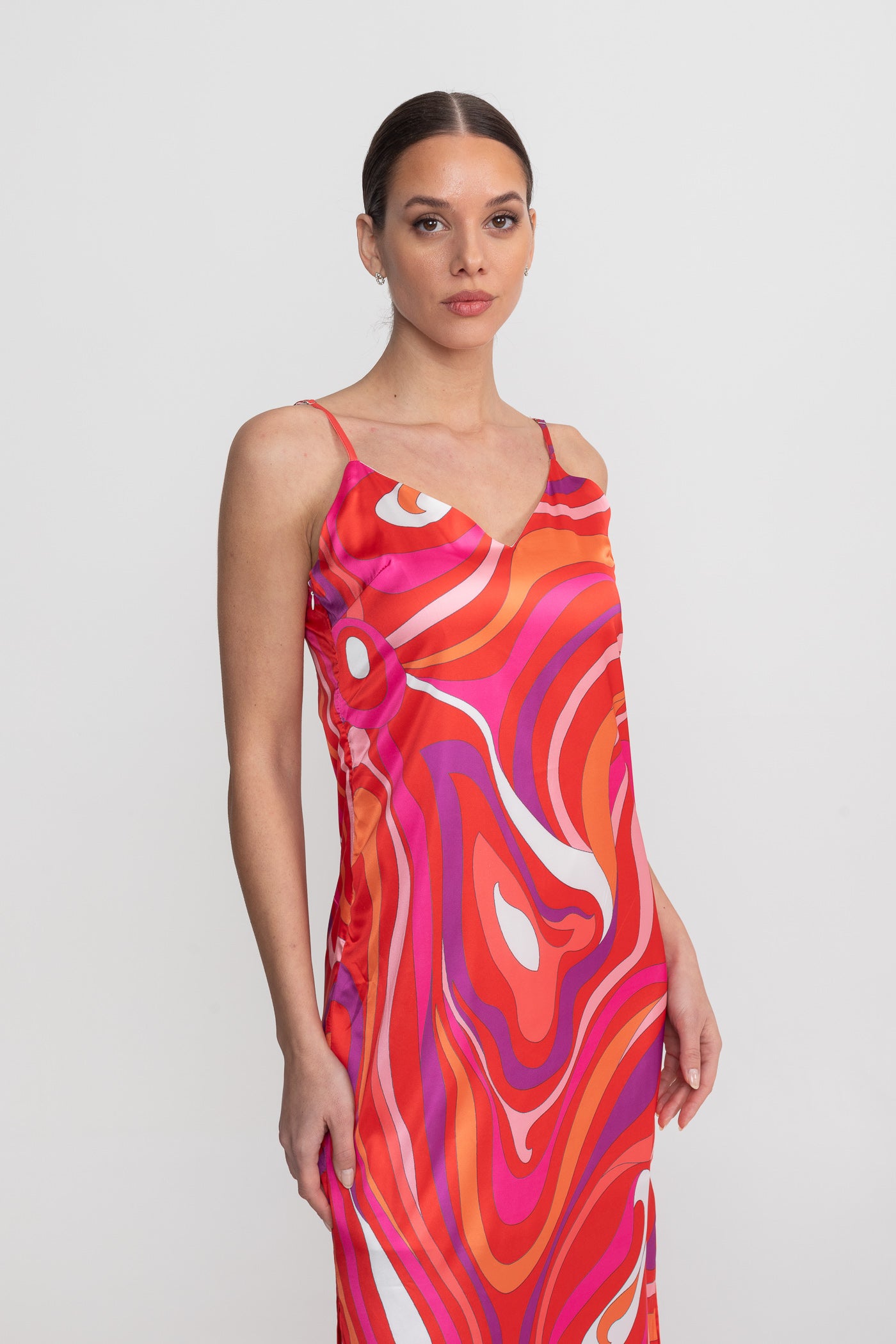 Printed Strappy Midi Dress With Abstract Swirl Pattern - Red