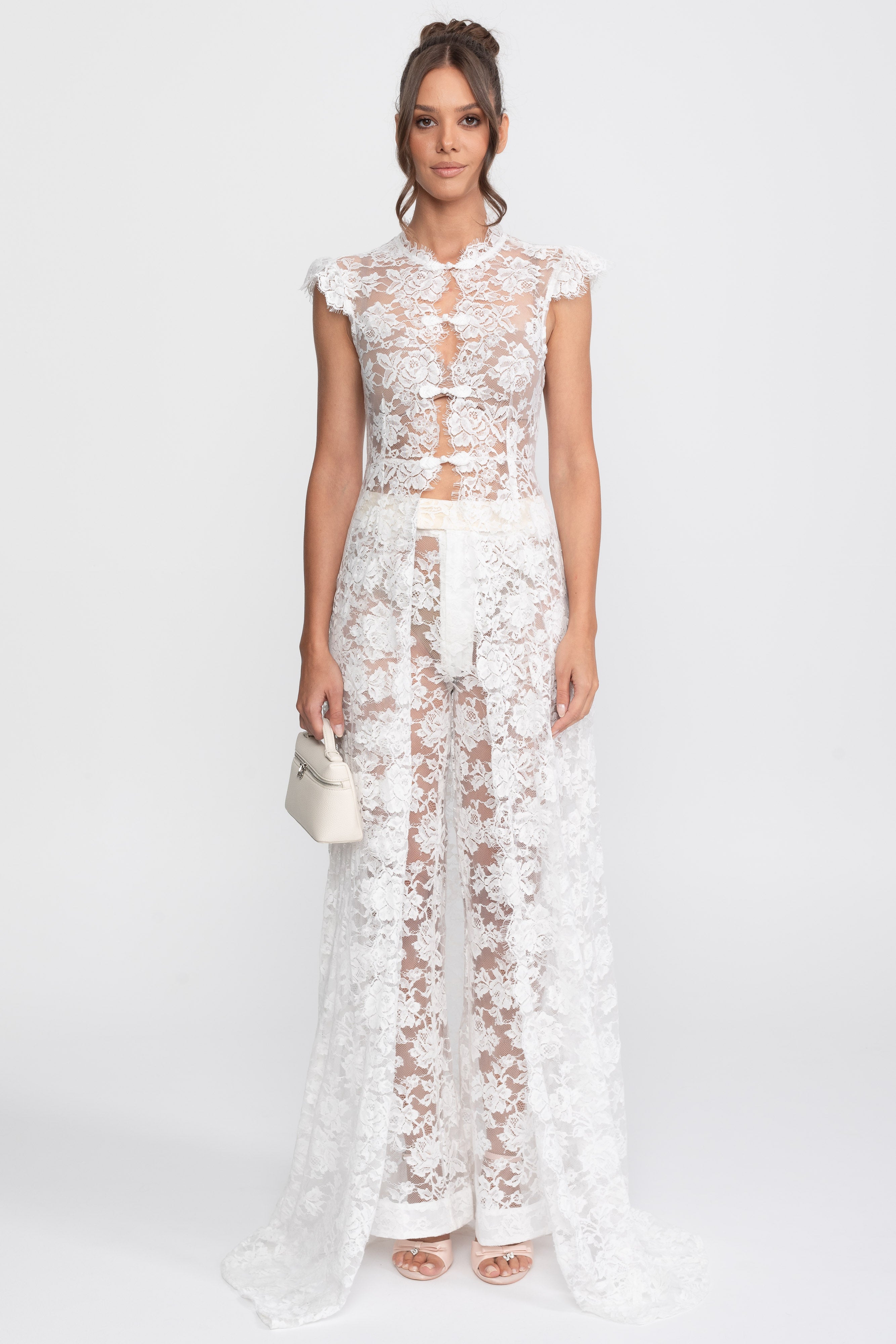Ensemble top en dentelle transparente et pantalon palazzo avec panneau traînant - Blanc